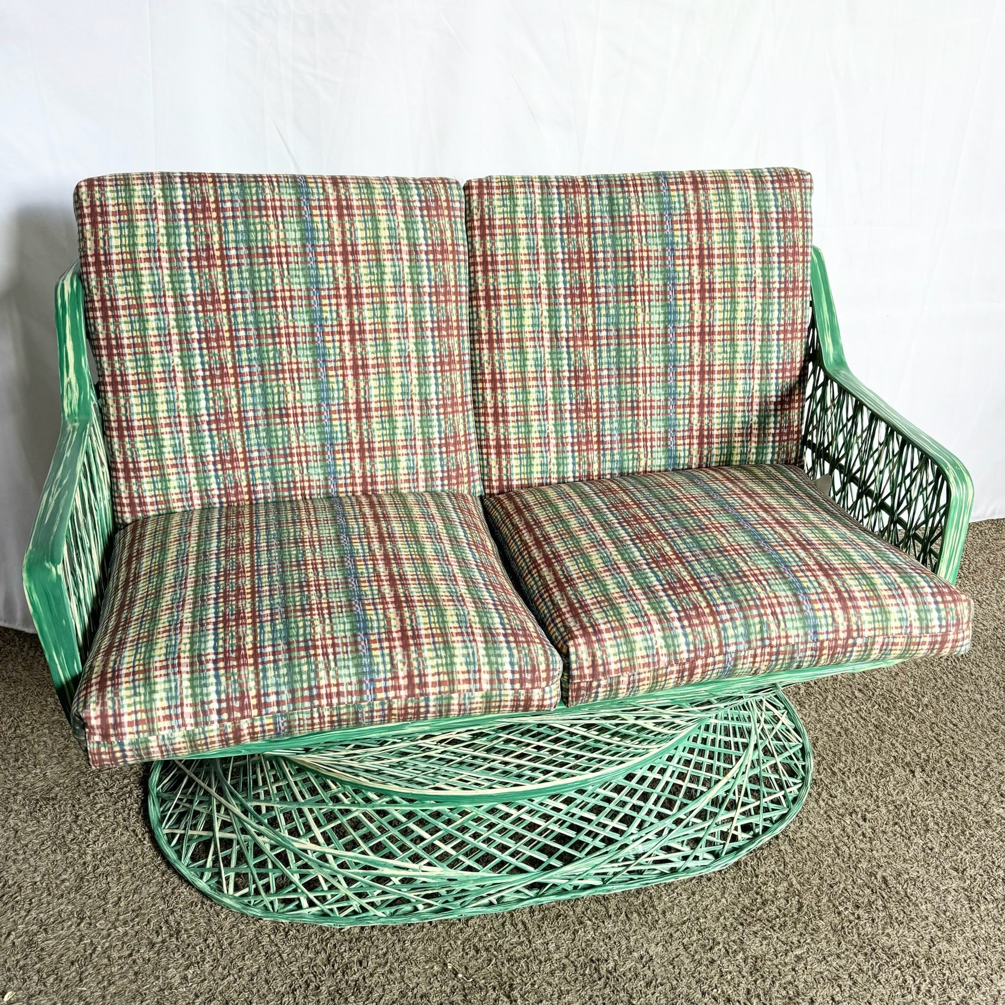 Mid Century Modern Green Spun Fiberglass Bench/Love Seat With Cushions - Dolphin & Flamingo