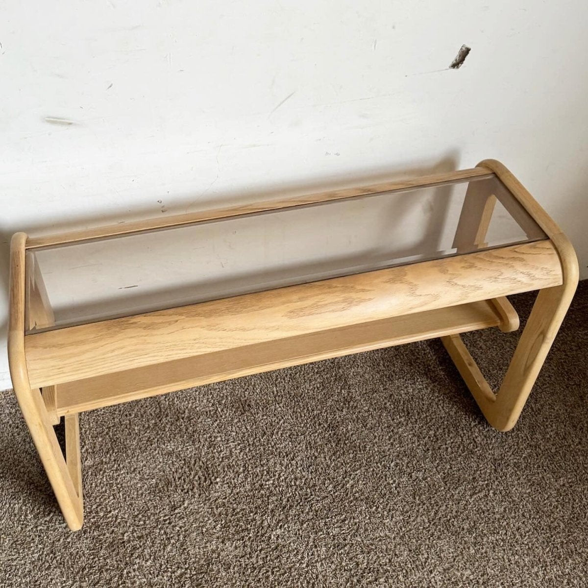 Mid Century Modern Oak Console Table With Smoked Glass Top by Lou Hodges - Dolphin & Flamingo