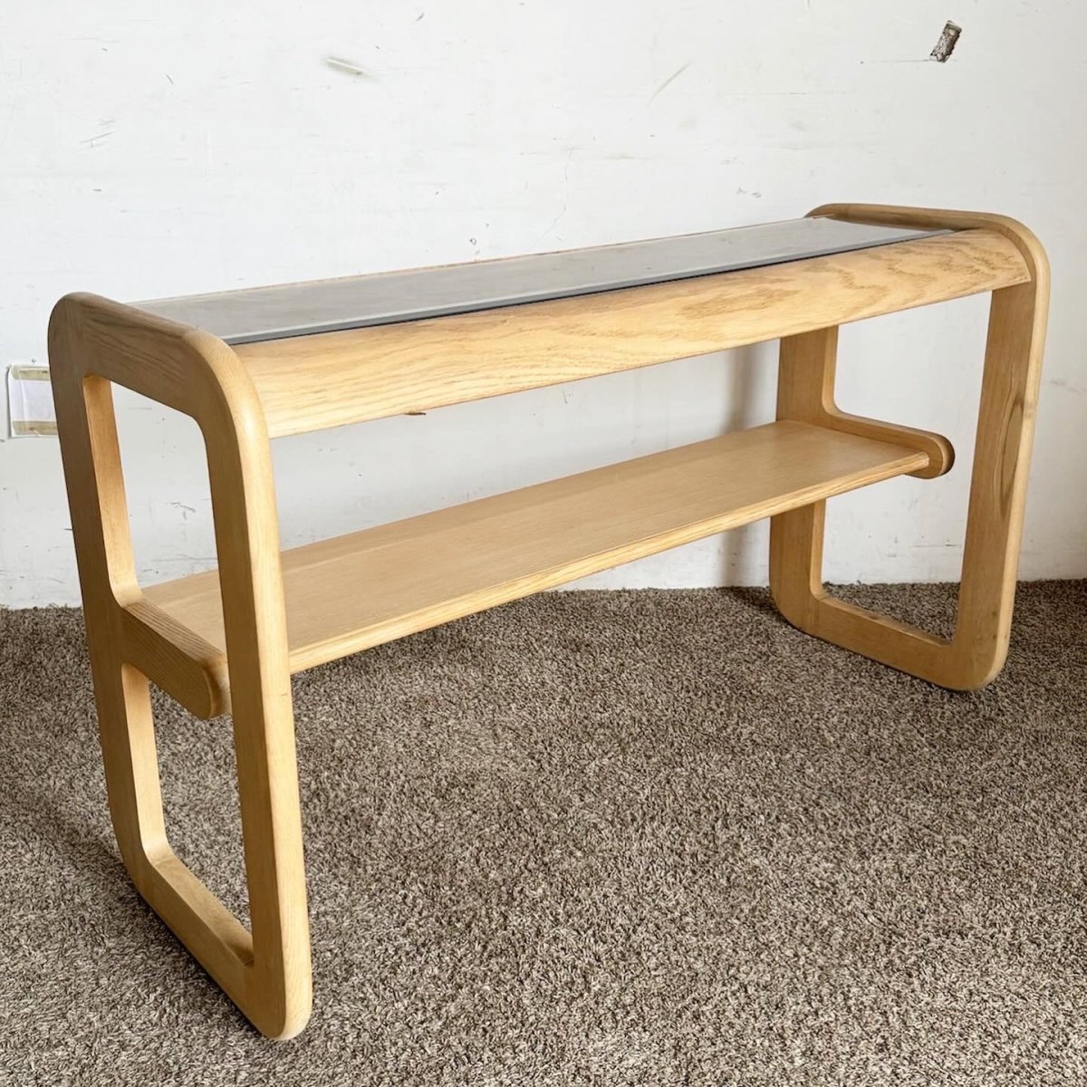 Mid Century Modern Oak Console Table With Smoked Glass Top by Lou Hodges - Dolphin & Flamingo