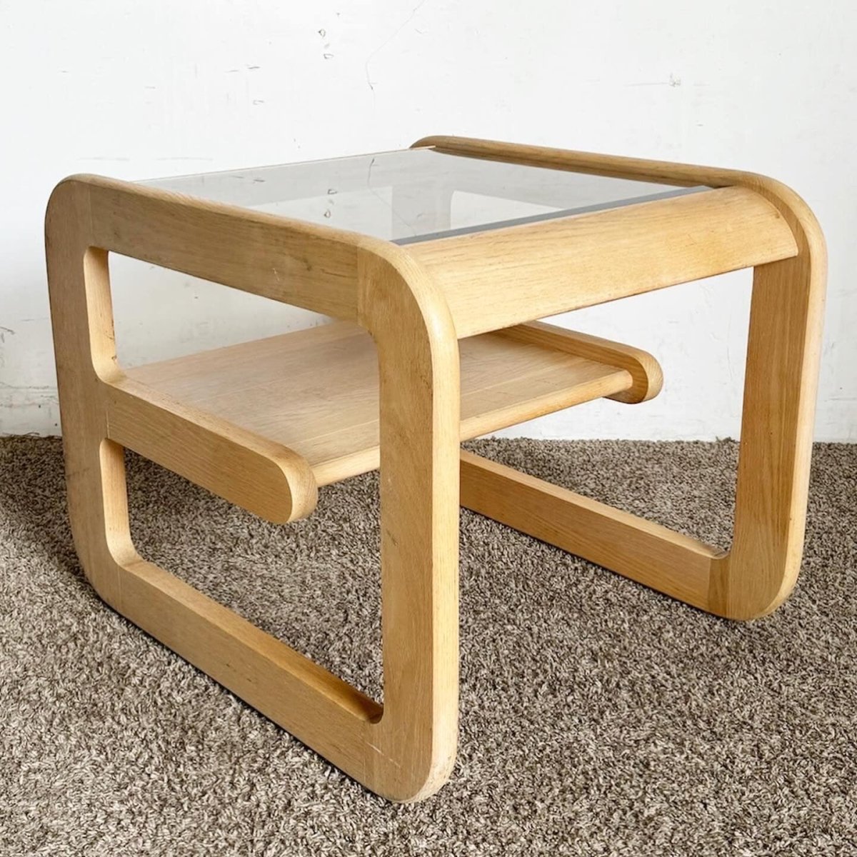Mid Century Modern Oak Side Table With Smoked Glass Top by Lou Hodges - Dolphin & Flamingo