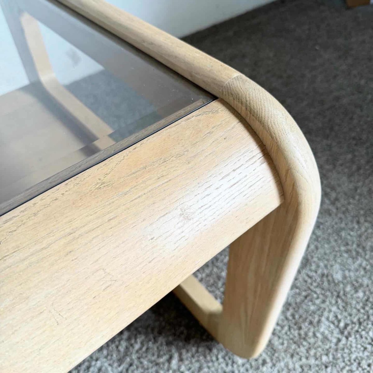 Mid Century Modern Oak Side Table With Smoked Glass Top by Lou Hodges - Dolphin & Flamingo
