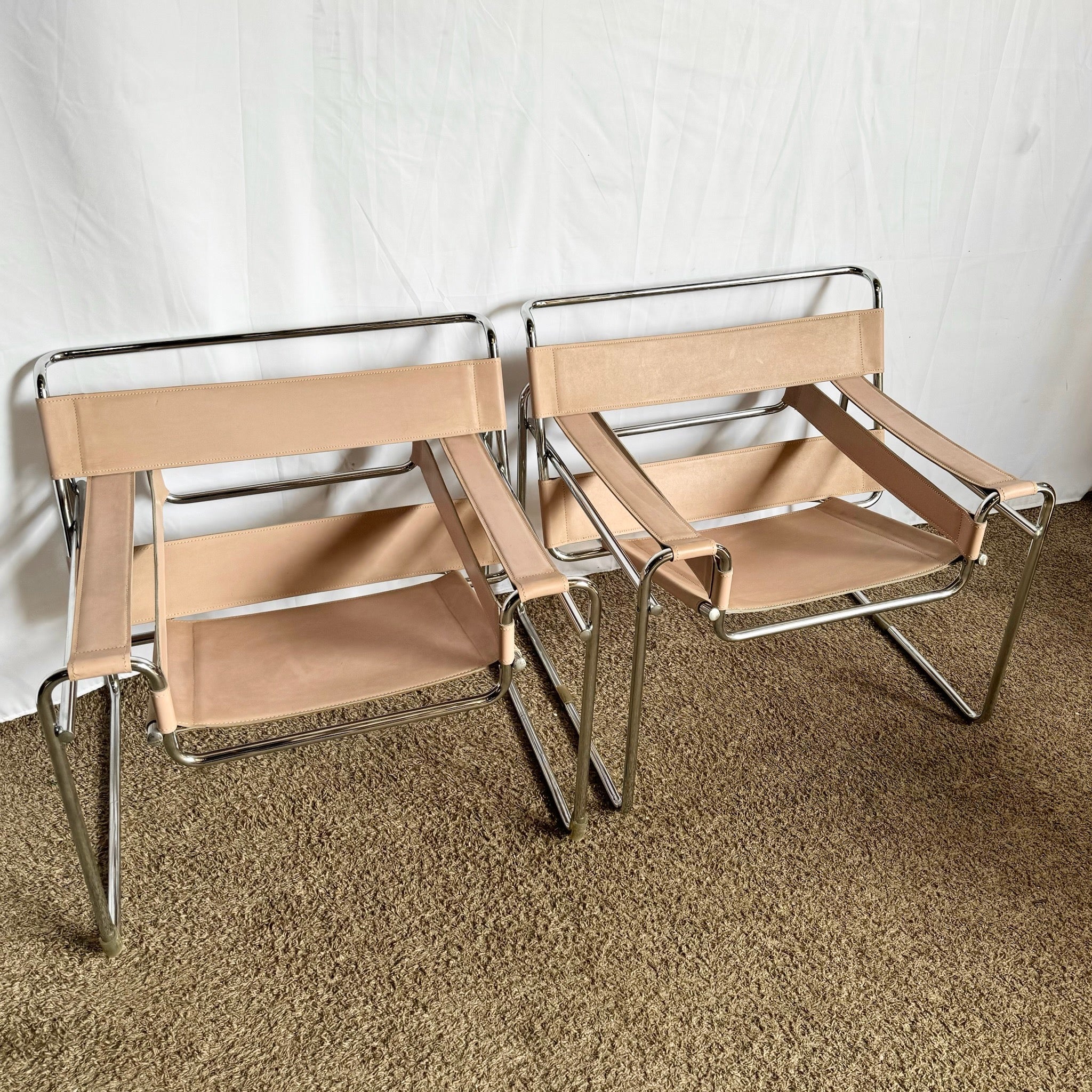 Mid Century Modern Pink and Chrome Lounge Chairs, Wassily Style - A Pair - Dolphin & Flamingo