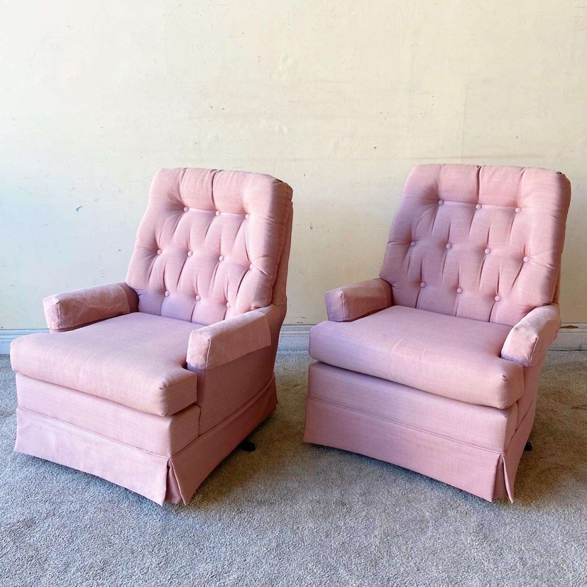 Mid Century Modern Pink Tufted Swivel Chairs - Dolphin & Flamingo
