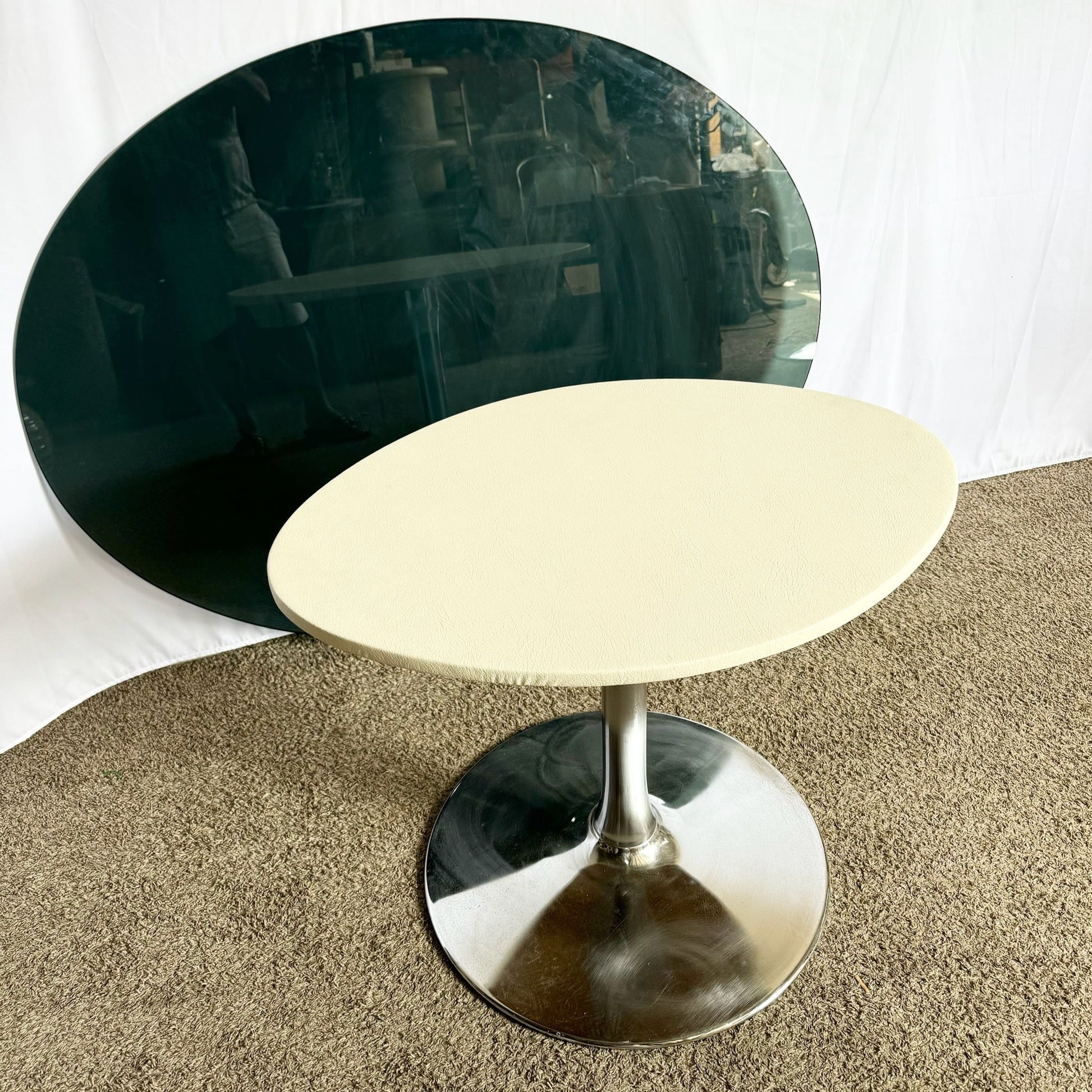 Mid Century Modern Smoked Glass Chrome Tulip Dining Table - Dolphin & Flamingo