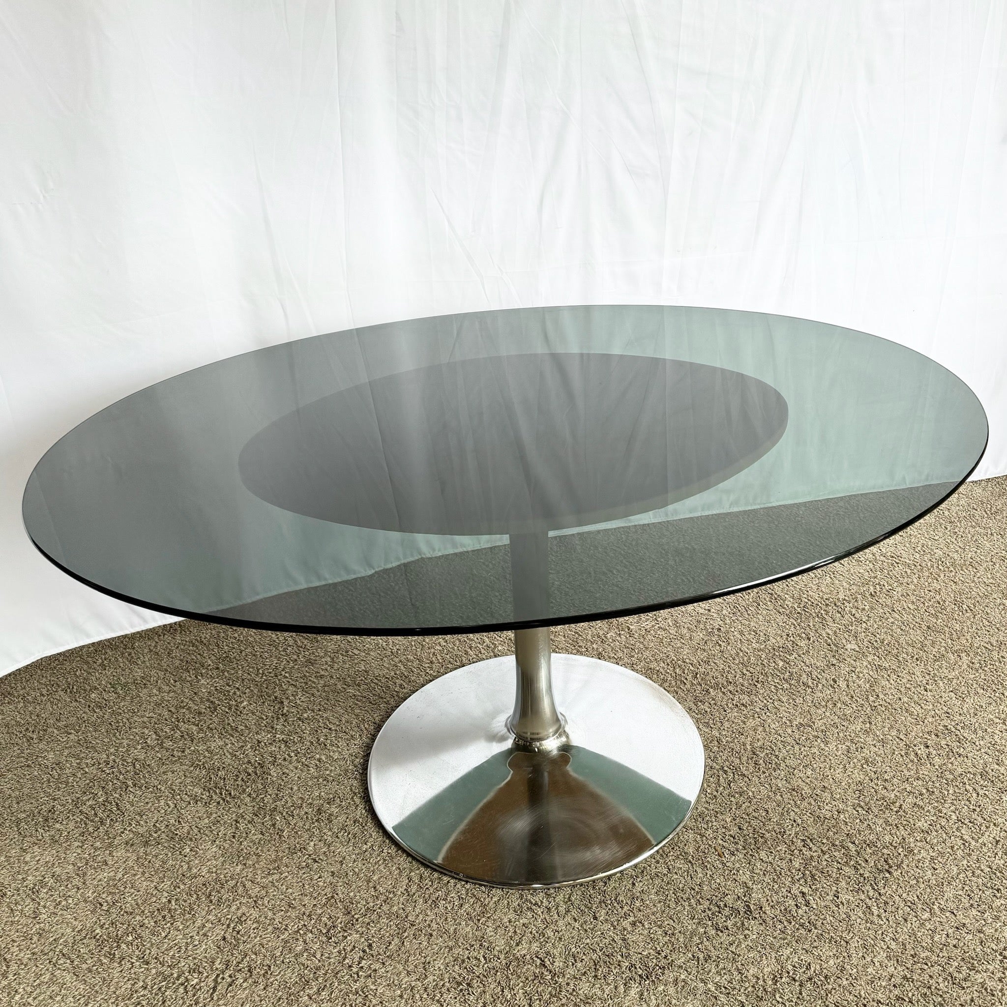 Mid Century Modern Smoked Glass Chrome Tulip Dining Table - Dolphin & Flamingo