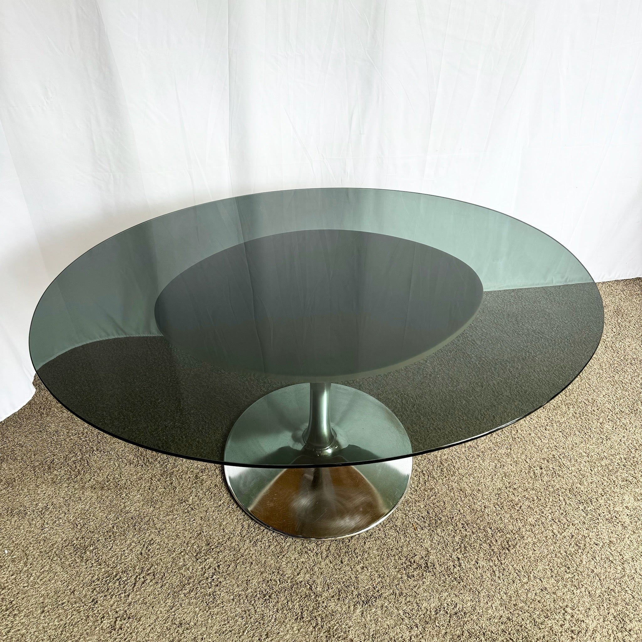 Mid Century Modern Smoked Glass Chrome Tulip Dining Table - Dolphin & Flamingo
