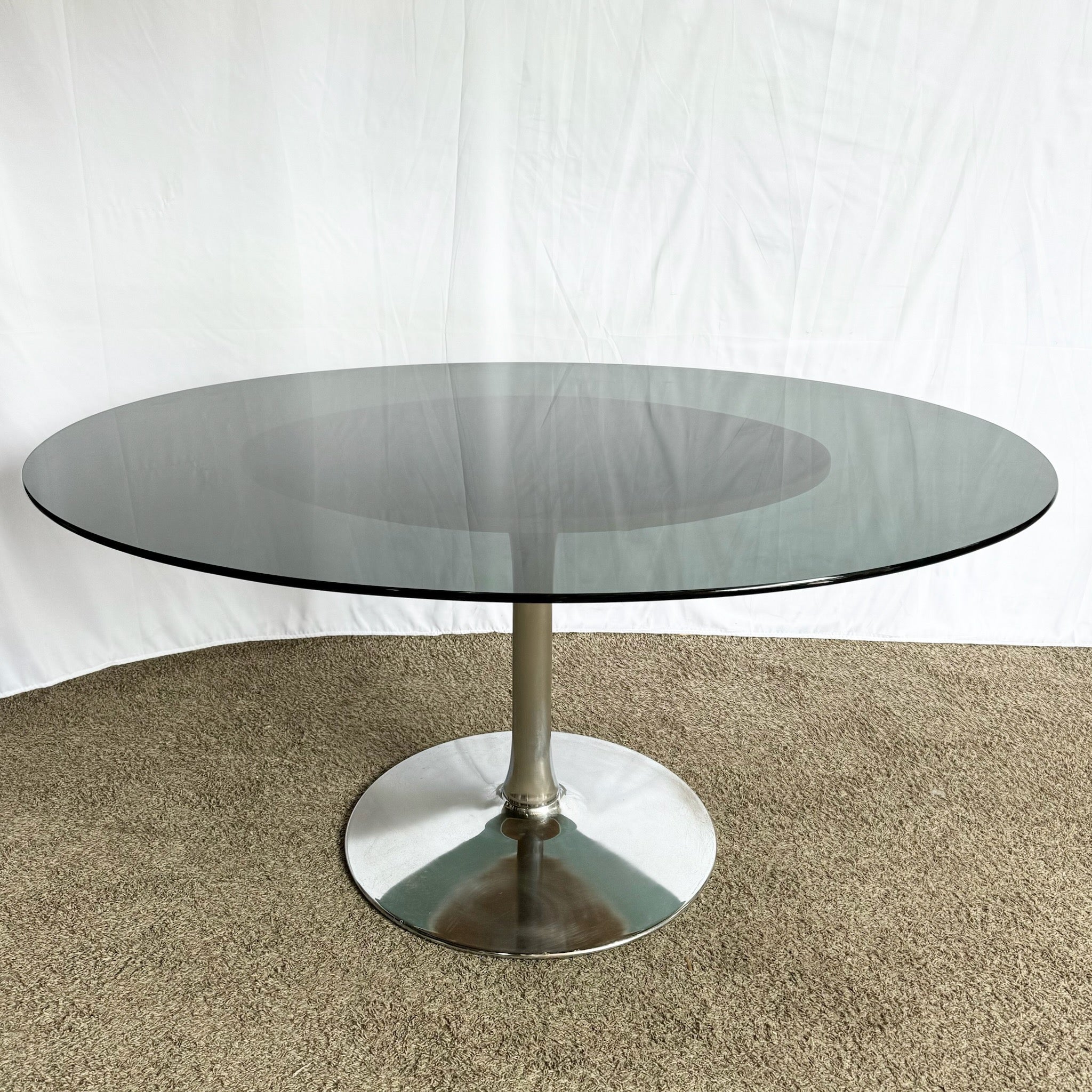 Mid Century Modern Smoked Glass Chrome Tulip Dining Table - Dolphin & Flamingo