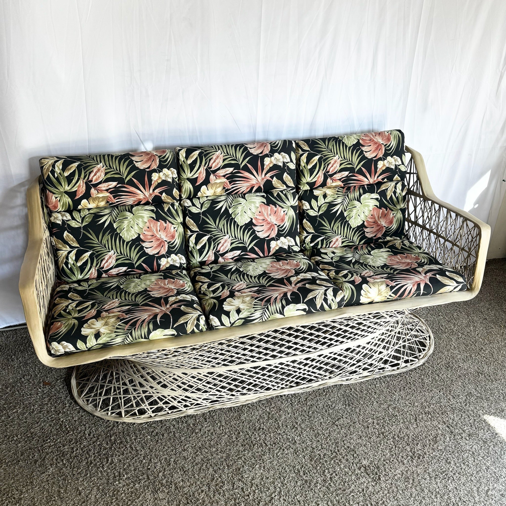 Mid Century Modern Spun Fiberglass Sofa With Foliage Cushions - Dolphin & Flamingo