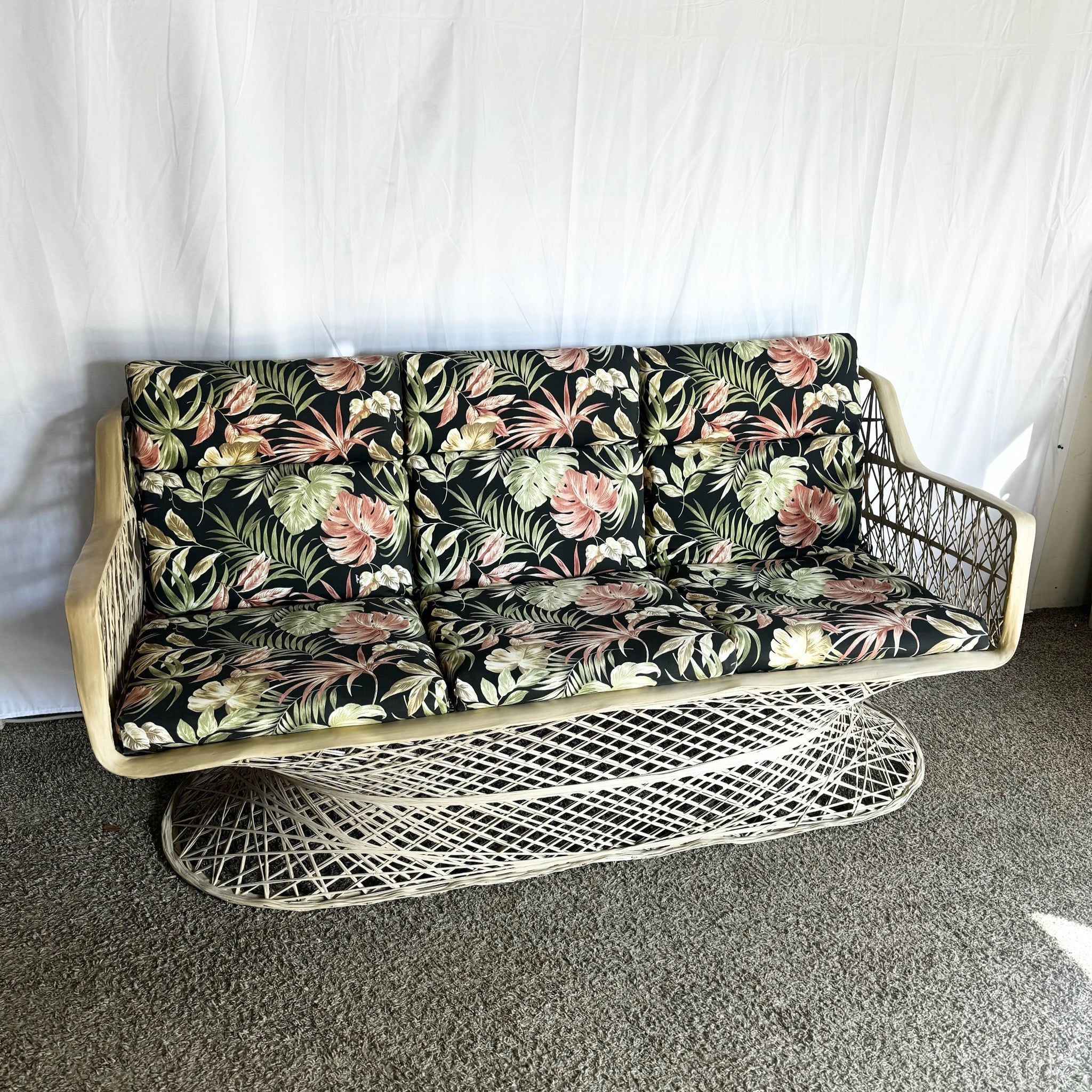 Mid Century Modern Spun Fiberglass Sofa With Foliage Cushions - Dolphin & Flamingo