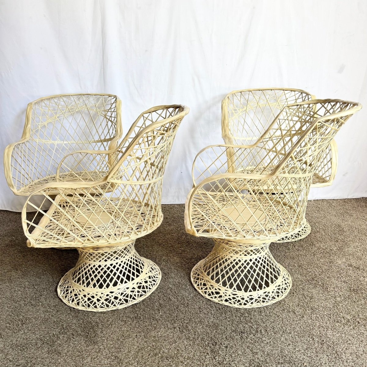 Mid Century Modern Spun Fiberglass Swivel Dining Arm Chairs - Set of 4 - Dolphin & Flamingo