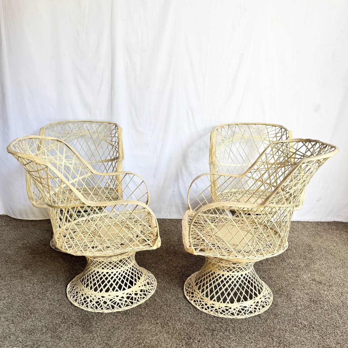 Mid Century Modern Spun Fiberglass Swivel Dining Arm Chairs - Set of 4 - Dolphin & Flamingo
