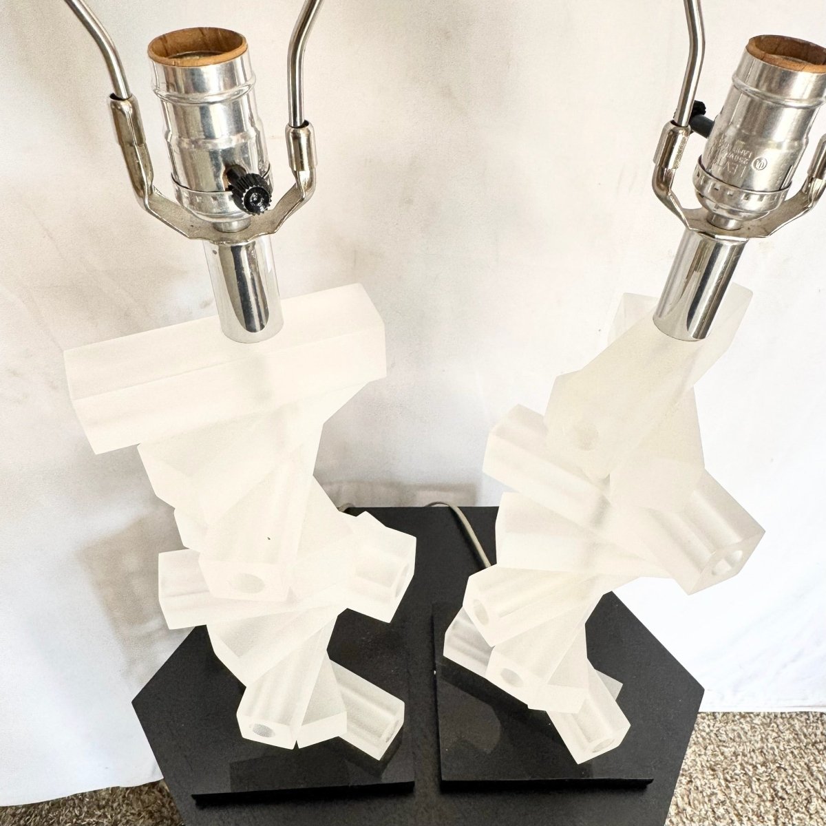 Mid Century Modern Stacked Frosted Acrylic Table Lamps - A Pair - Dolphin & Flamingo