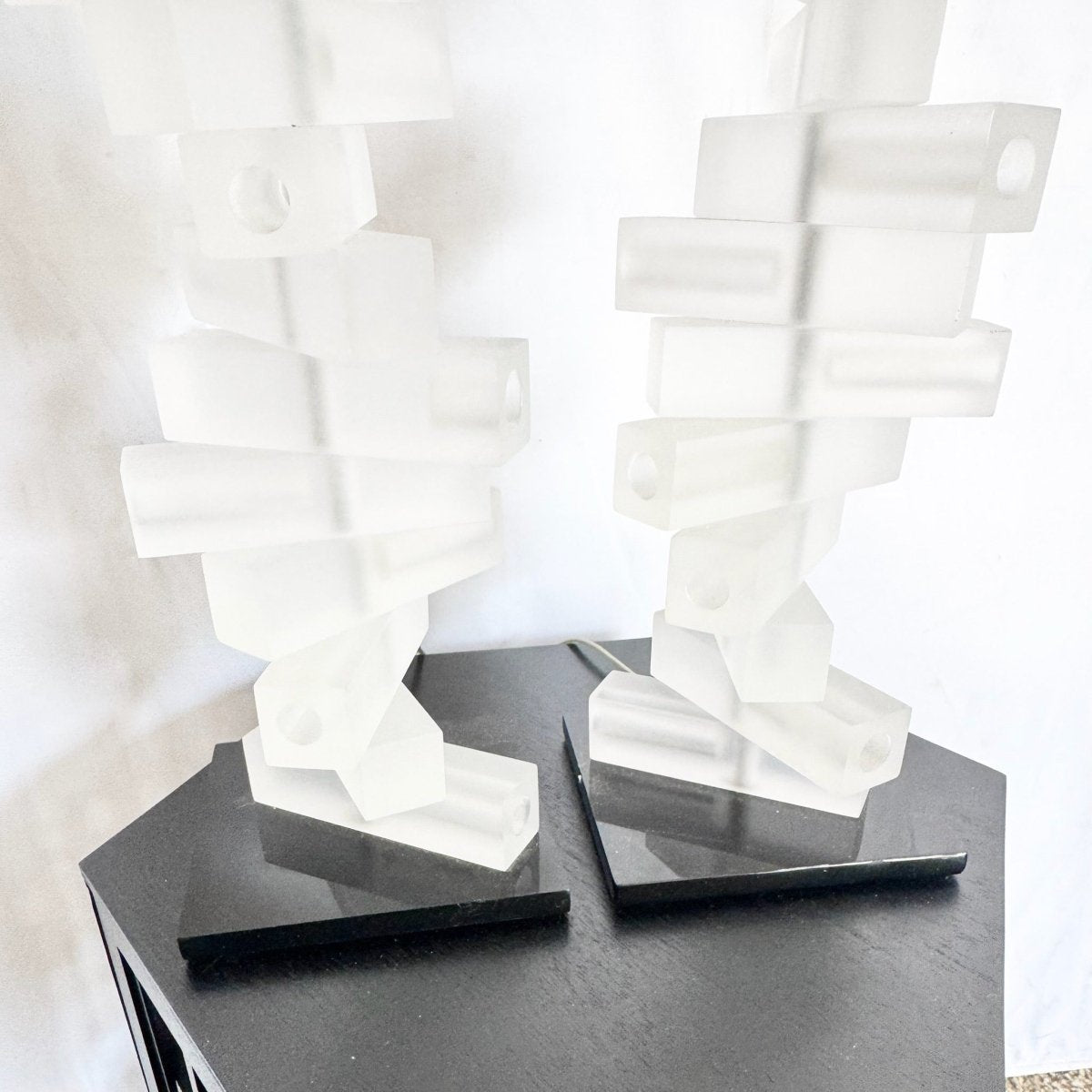 Mid Century Modern Stacked Frosted Acrylic Table Lamps - A Pair - Dolphin & Flamingo