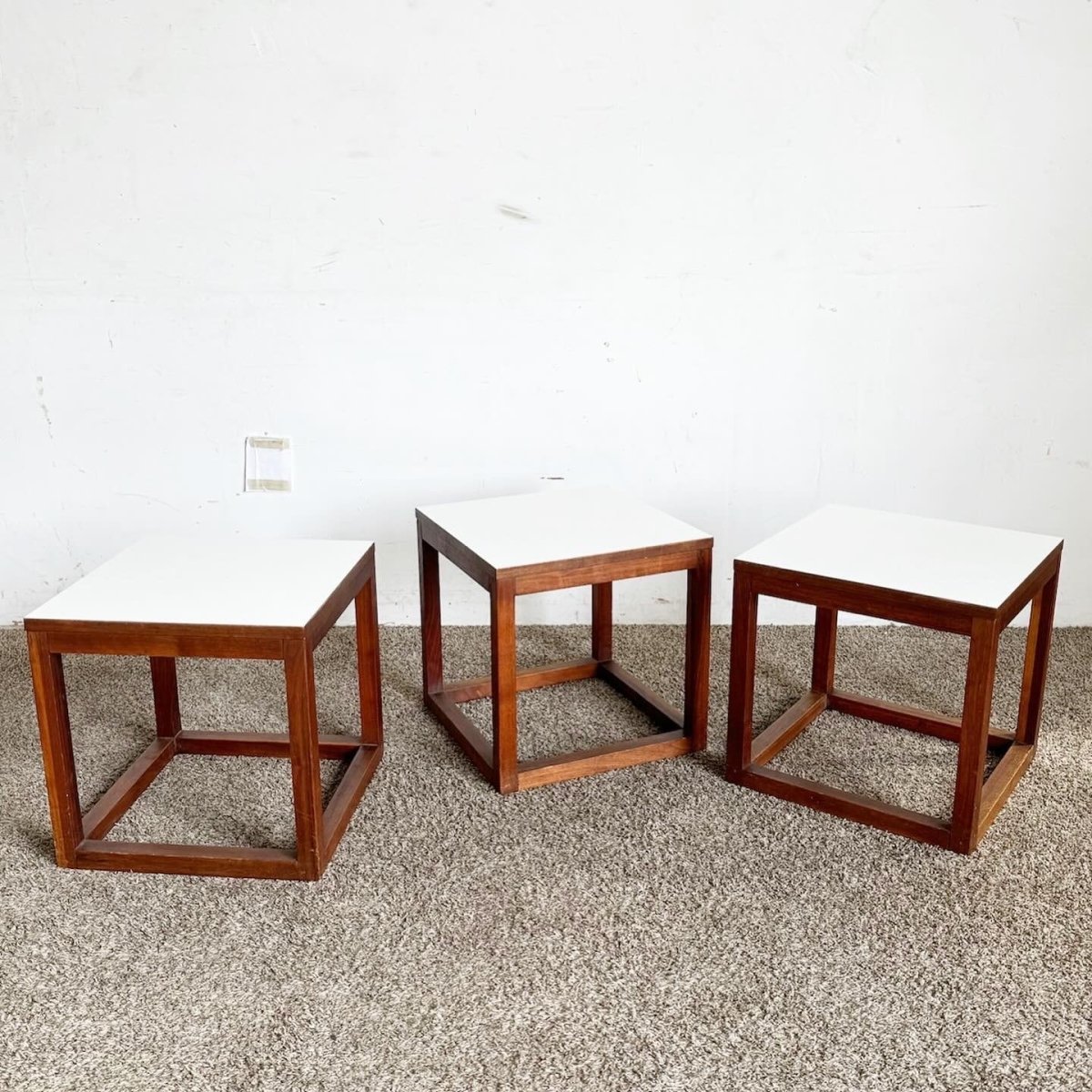 Mid Century Modern Teak Cubic Side Tables - Set of 3 - Dolphin & Flamingo