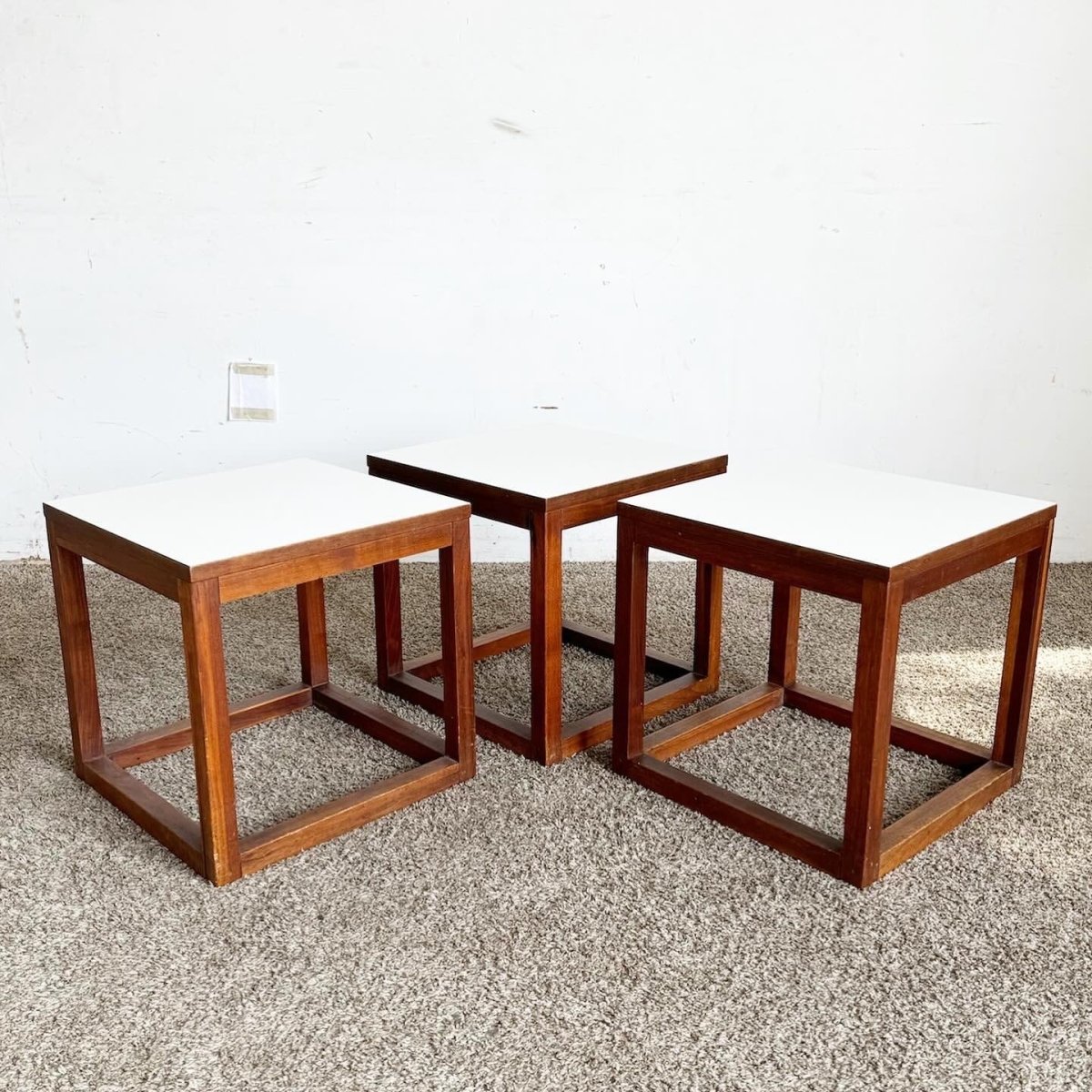 Mid Century Modern Teak Cubic Side Tables - Set of 3 - Dolphin & Flamingo