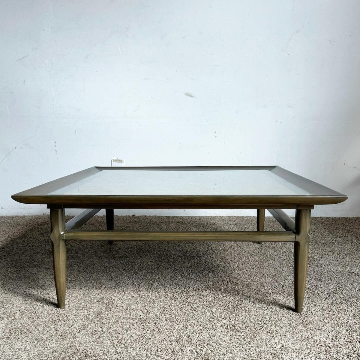 Mid Century Modern Wooden Square Coffee Table With Portuguese Marble Inlaid Top - Dolphin & Flamingo