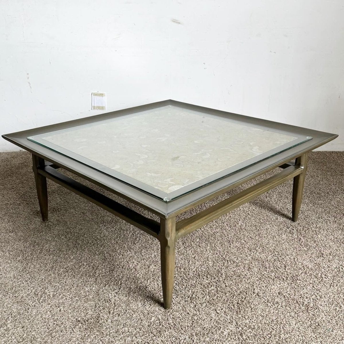 Mid Century Modern Wooden Square Coffee Table With Portuguese Marble Inlaid Top - Dolphin & Flamingo