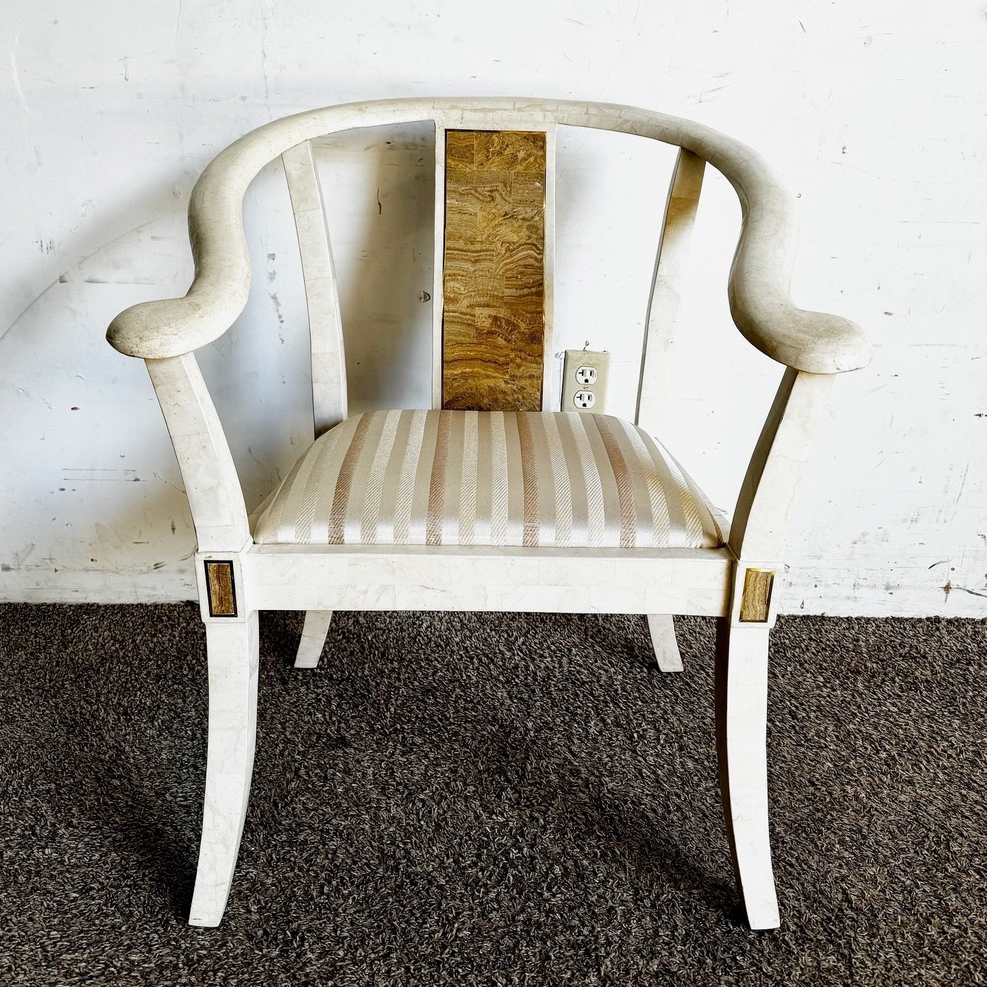 Ming Style Tessellated Stone Arm Chair With Brass Inlay - Mainland Smith Style - Dolphin & Flamingo