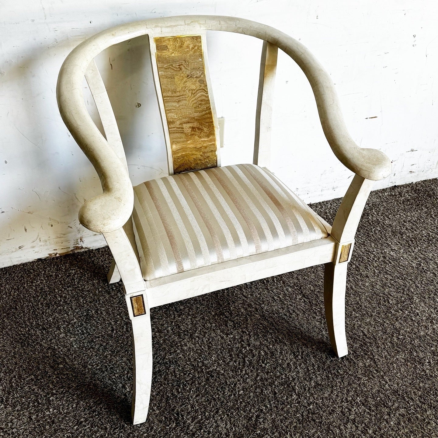 Ming Style Tessellated Stone Arm Chair With Brass Inlay - Mainland Smith Style - Dolphin & Flamingo