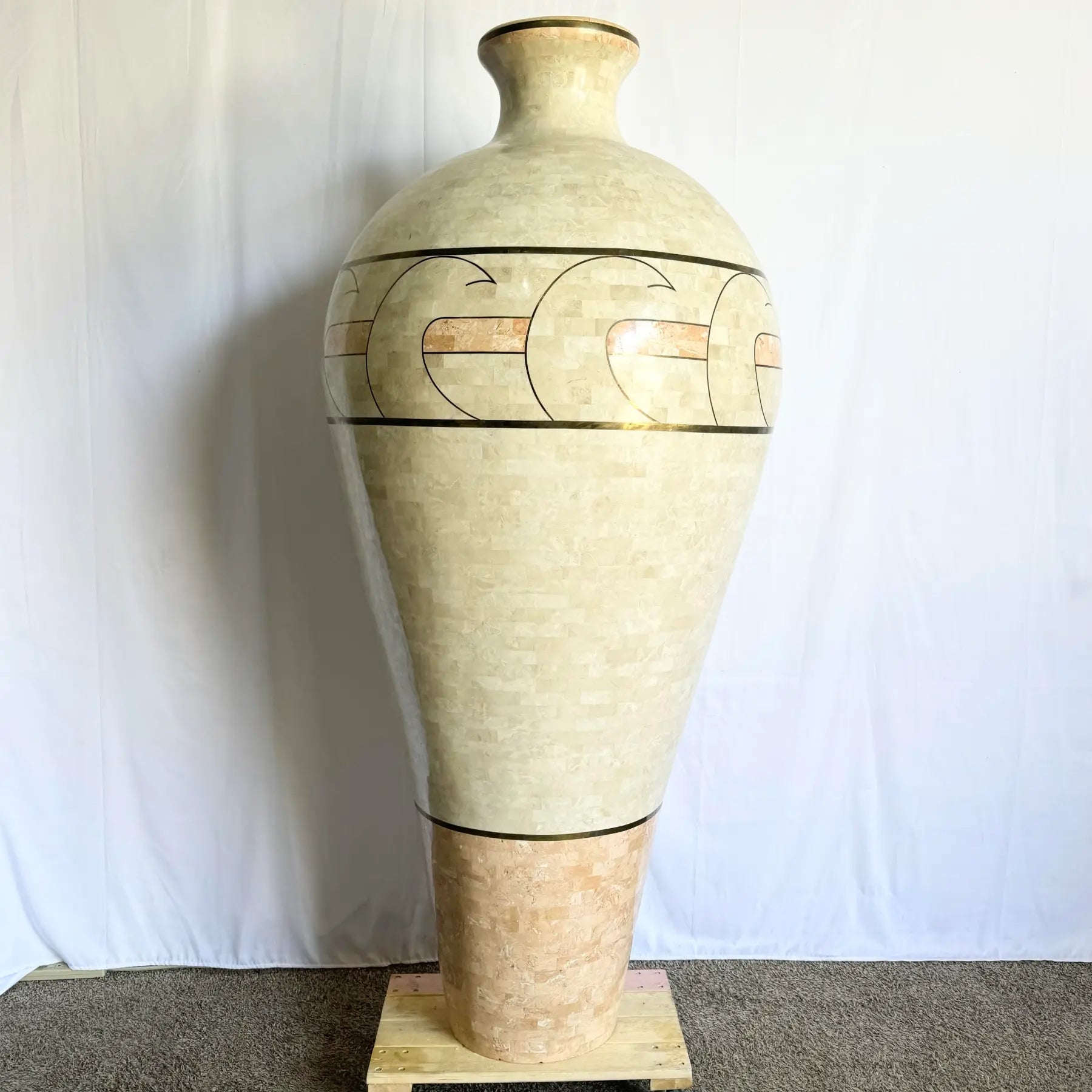 Monumental Polished Beige and Pink Tessellated Stone Floor Vase With Inlaid Brass - Dolphin & Flamingo