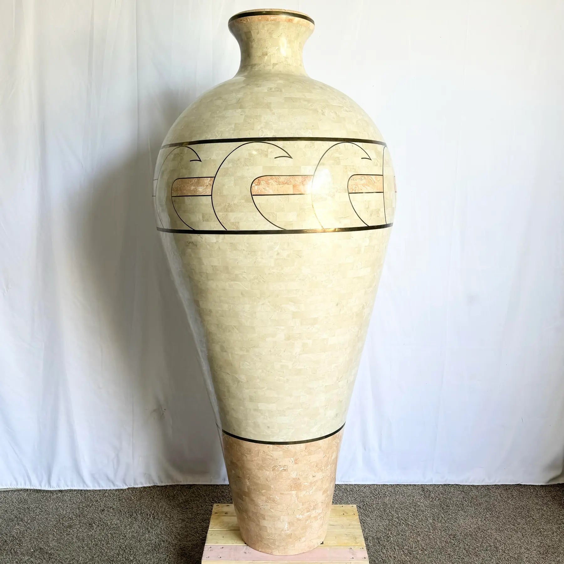 Monumental Polished Beige and Pink Tessellated Stone Floor Vase With Inlaid Brass - Dolphin & Flamingo