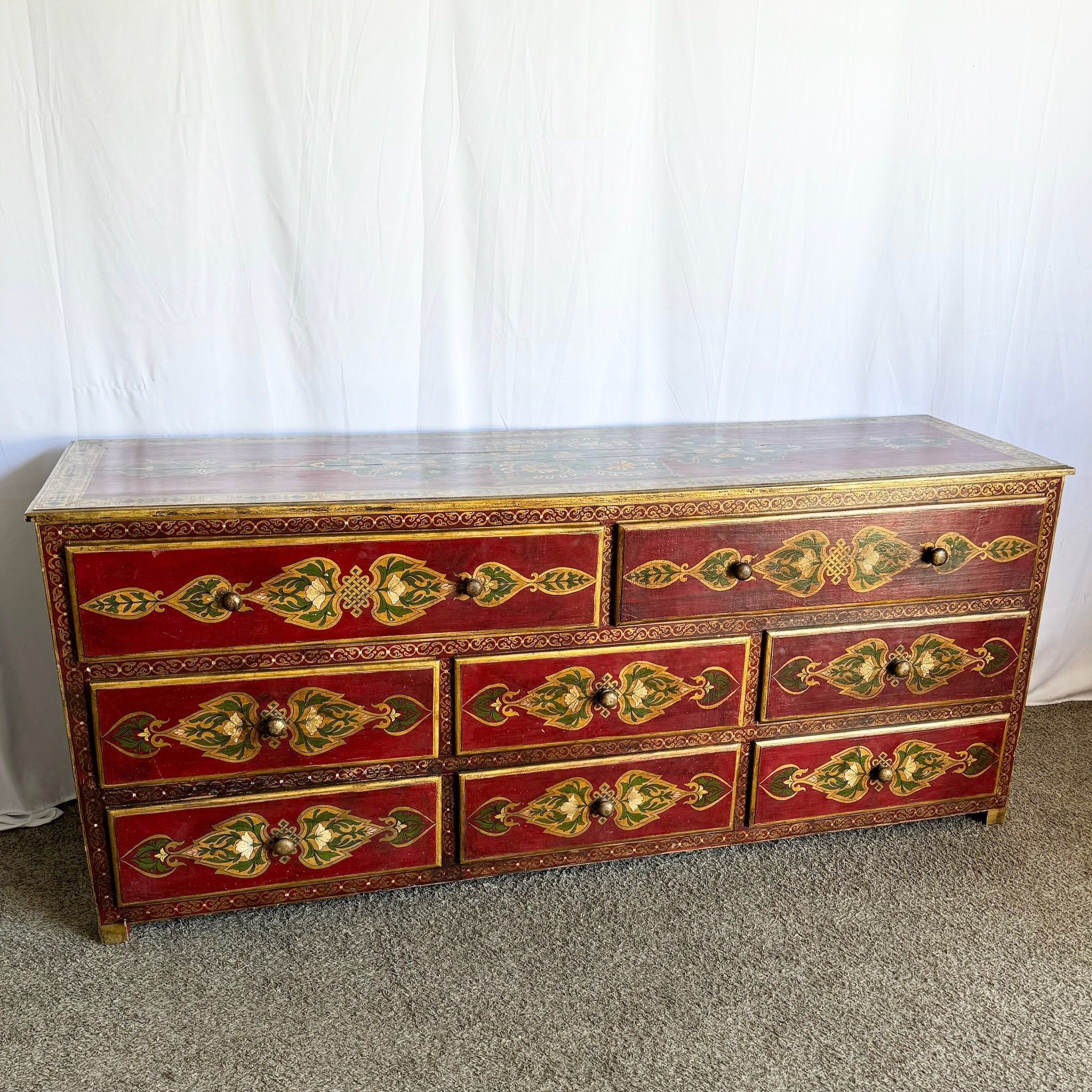 Moroccan Style Hand Painted Red and Gold Credenza - Dolphin & Flamingo