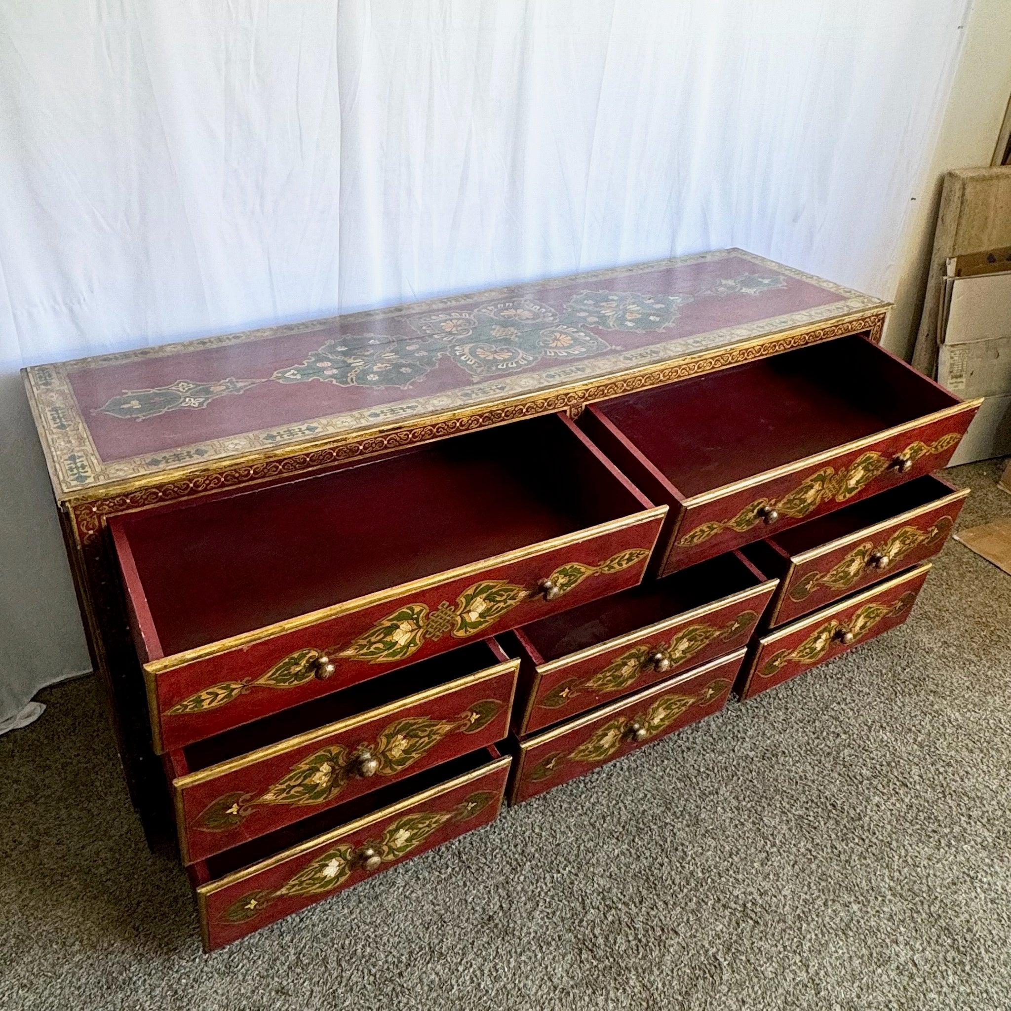 Moroccan Style Hand Painted Red and Gold Credenza - Dolphin & Flamingo