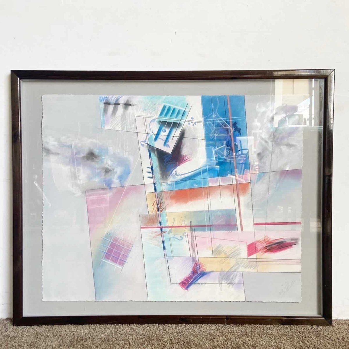 Postmodern Abstract Framed and Signed Artwork by B. Fenton 1986 - Dolphin & Flamingo