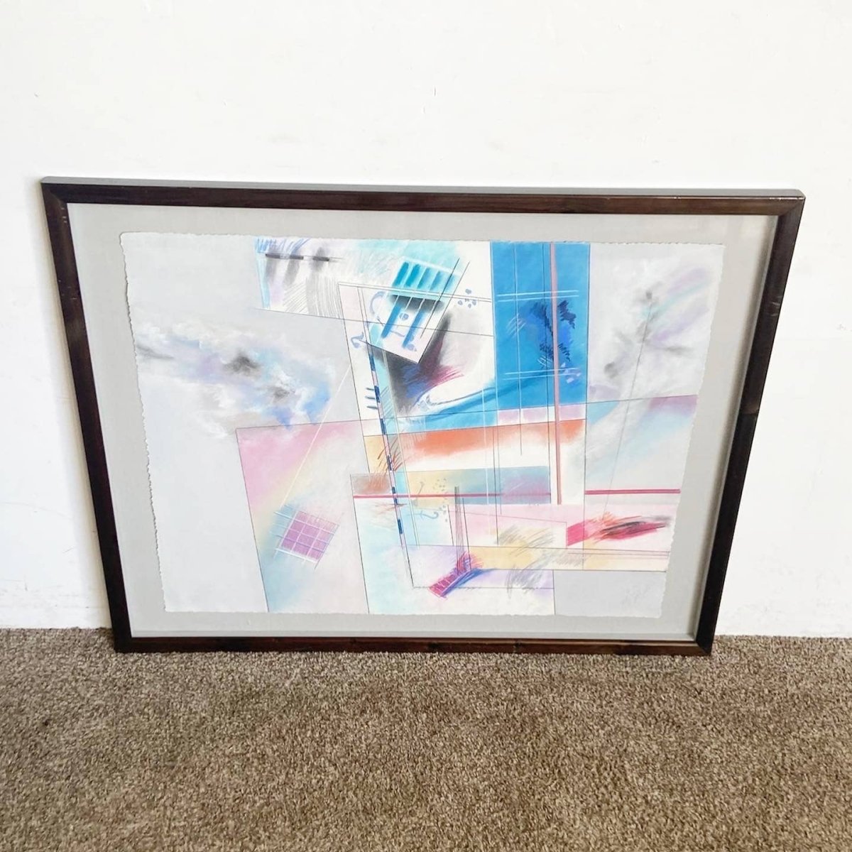 Postmodern Abstract Framed and Signed Artwork by B. Fenton 1986 - Dolphin & Flamingo