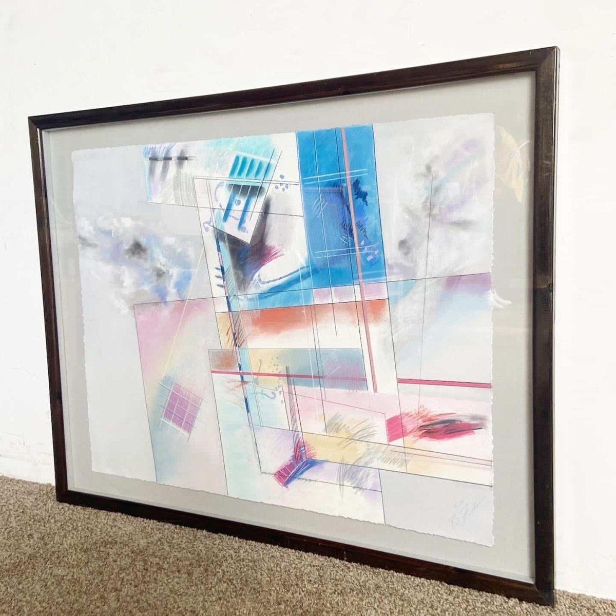 Postmodern Abstract Framed and Signed Artwork by B. Fenton 1986 - Dolphin & Flamingo