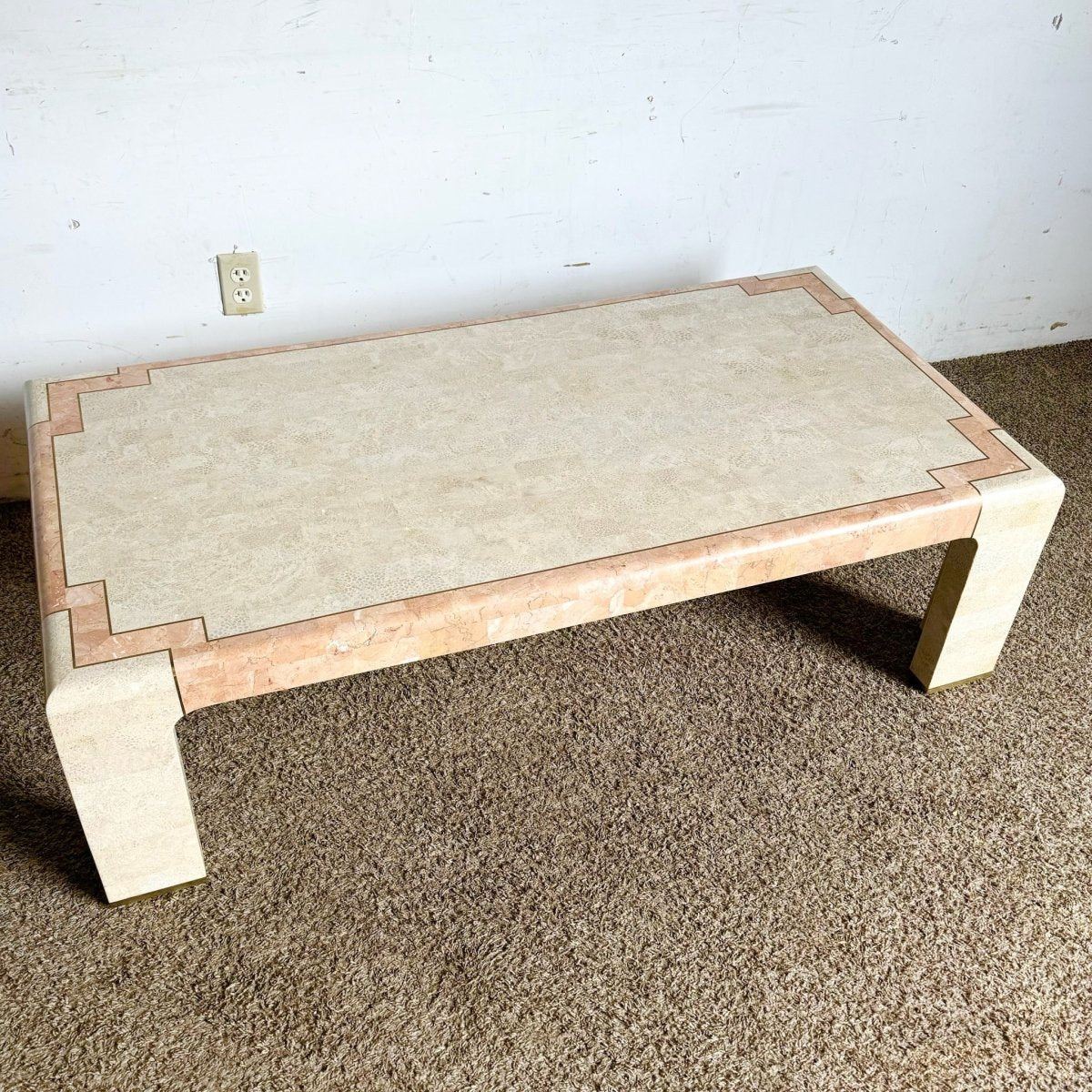 Postmodern Beige and Pink Tessellated Stone Coffee Table With Brass Inlay - Dolphin & Flamingo