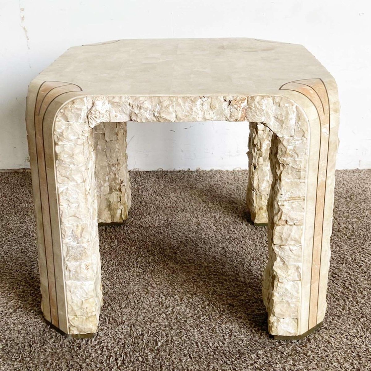 Postmodern Beige and Pink Tessellated Stone Side Table - Dolphin & Flamingo