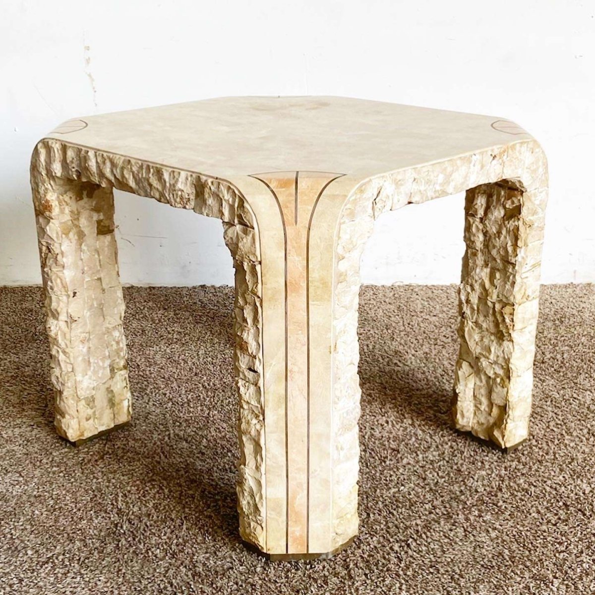 Postmodern Beige and Pink Tessellated Stone Side Table - Dolphin & Flamingo