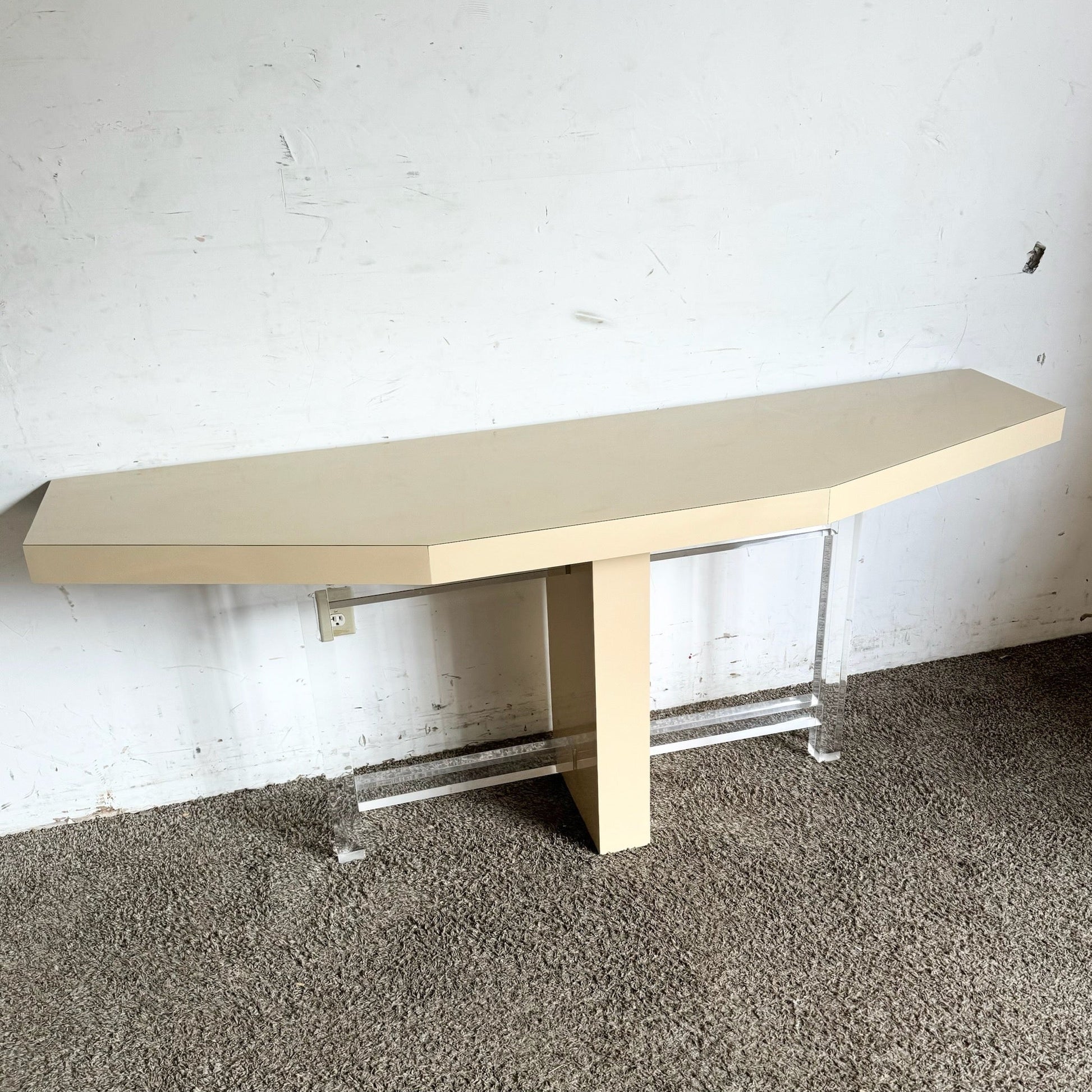 Postmodern Beige Lacquer Laminate and Lucite Console Table - Dolphin & Flamingo