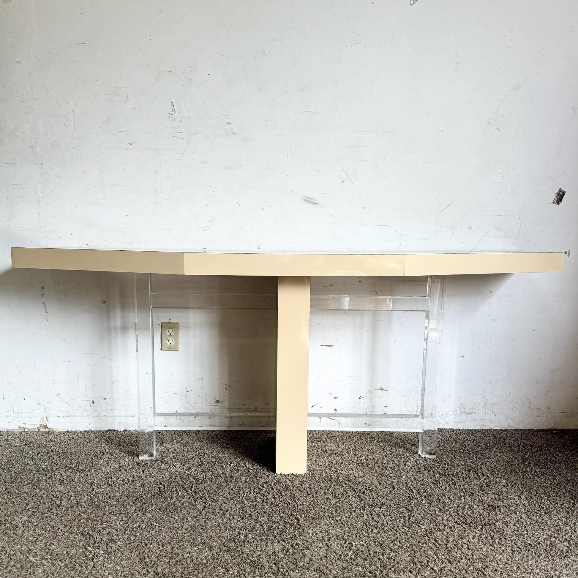 Postmodern Beige Lacquer Laminate and Lucite Console Table - Dolphin & Flamingo