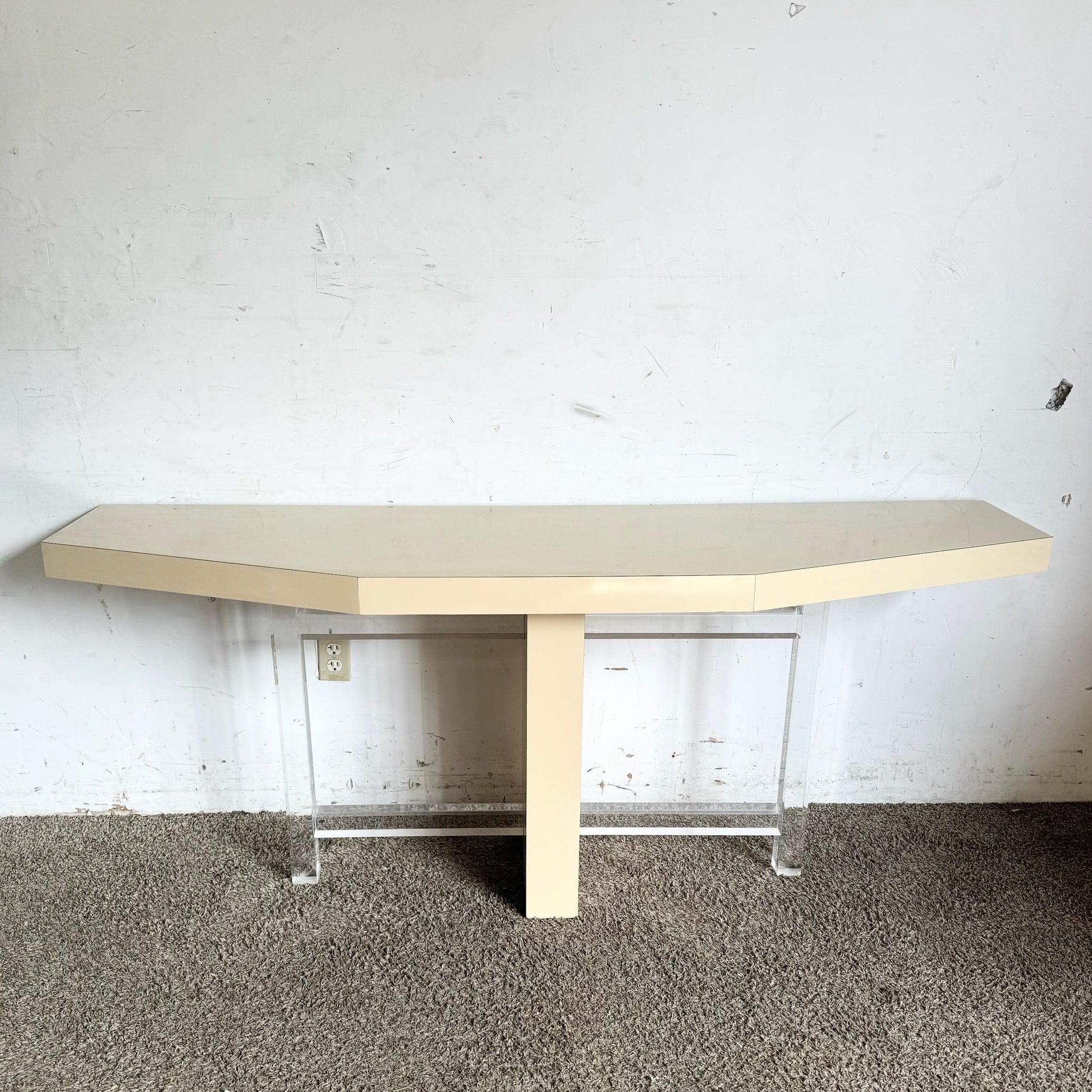 Postmodern Beige Lacquer Laminate and Lucite Console Table - Dolphin & Flamingo