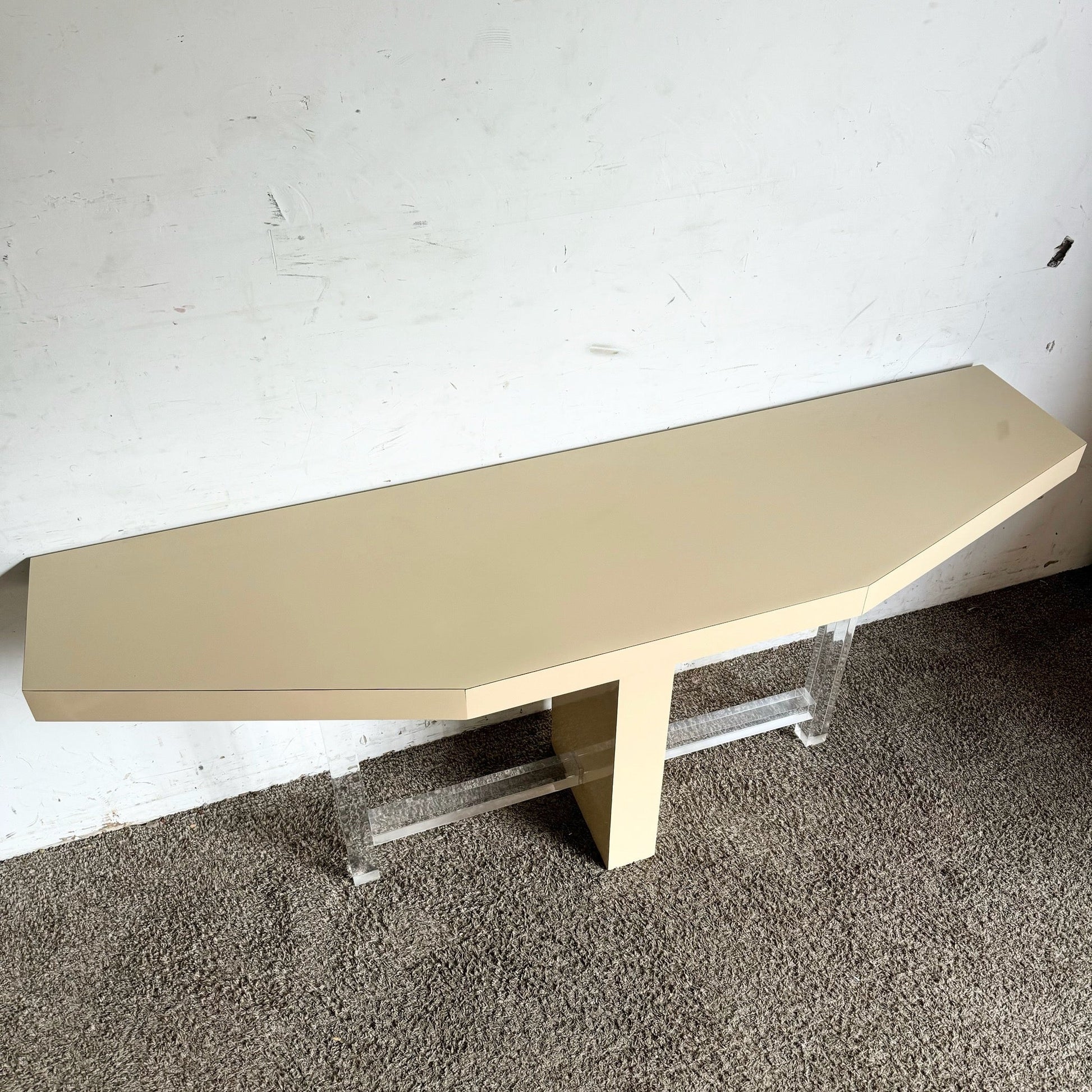 Postmodern Beige Lacquer Laminate and Lucite Console Table - Dolphin & Flamingo