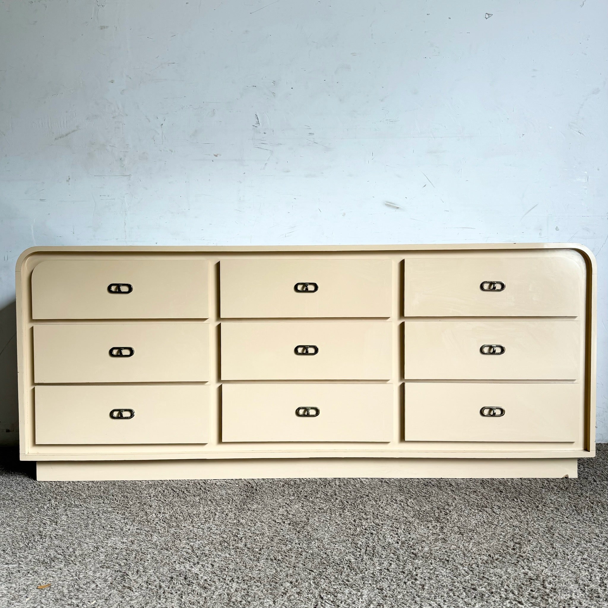 Postmodern Beige Lacquer Laminate Waterfall Dresser - Dolphin & Flamingo
