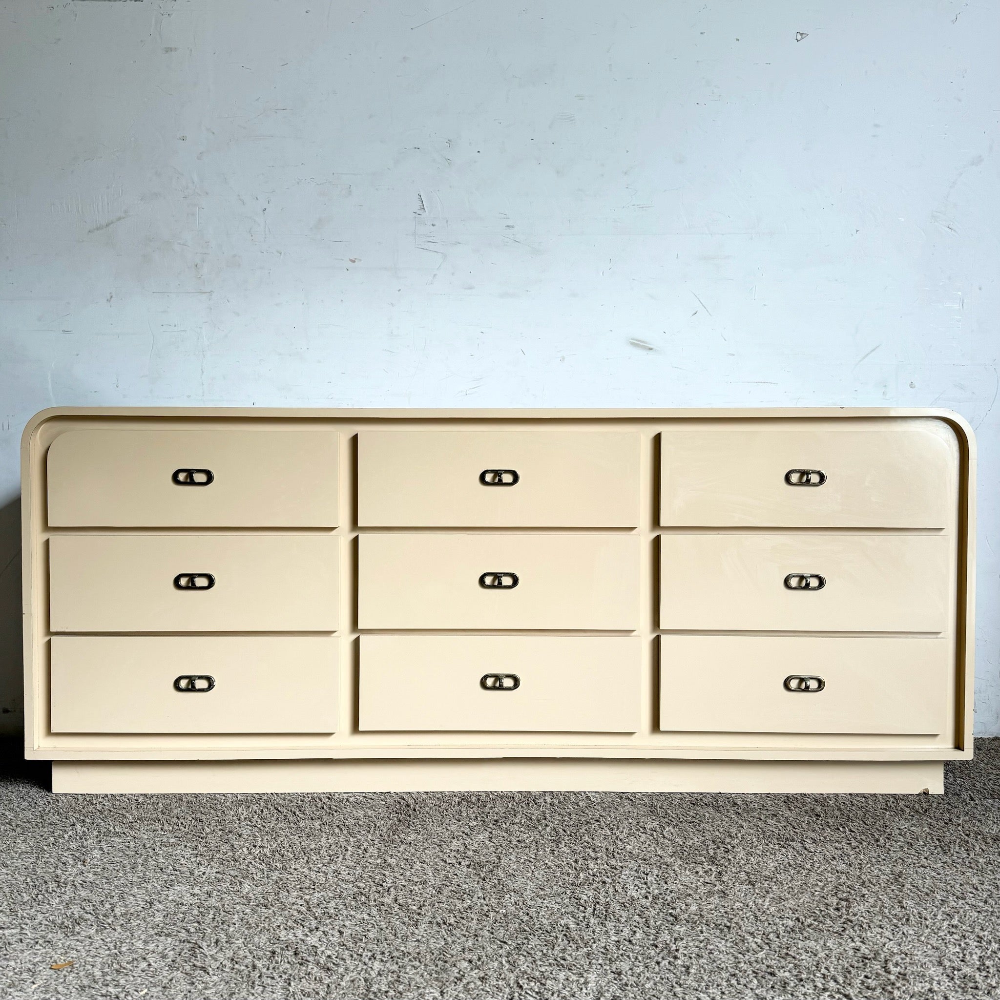 Postmodern Beige Lacquer Laminate Waterfall Dresser - Dolphin & Flamingo