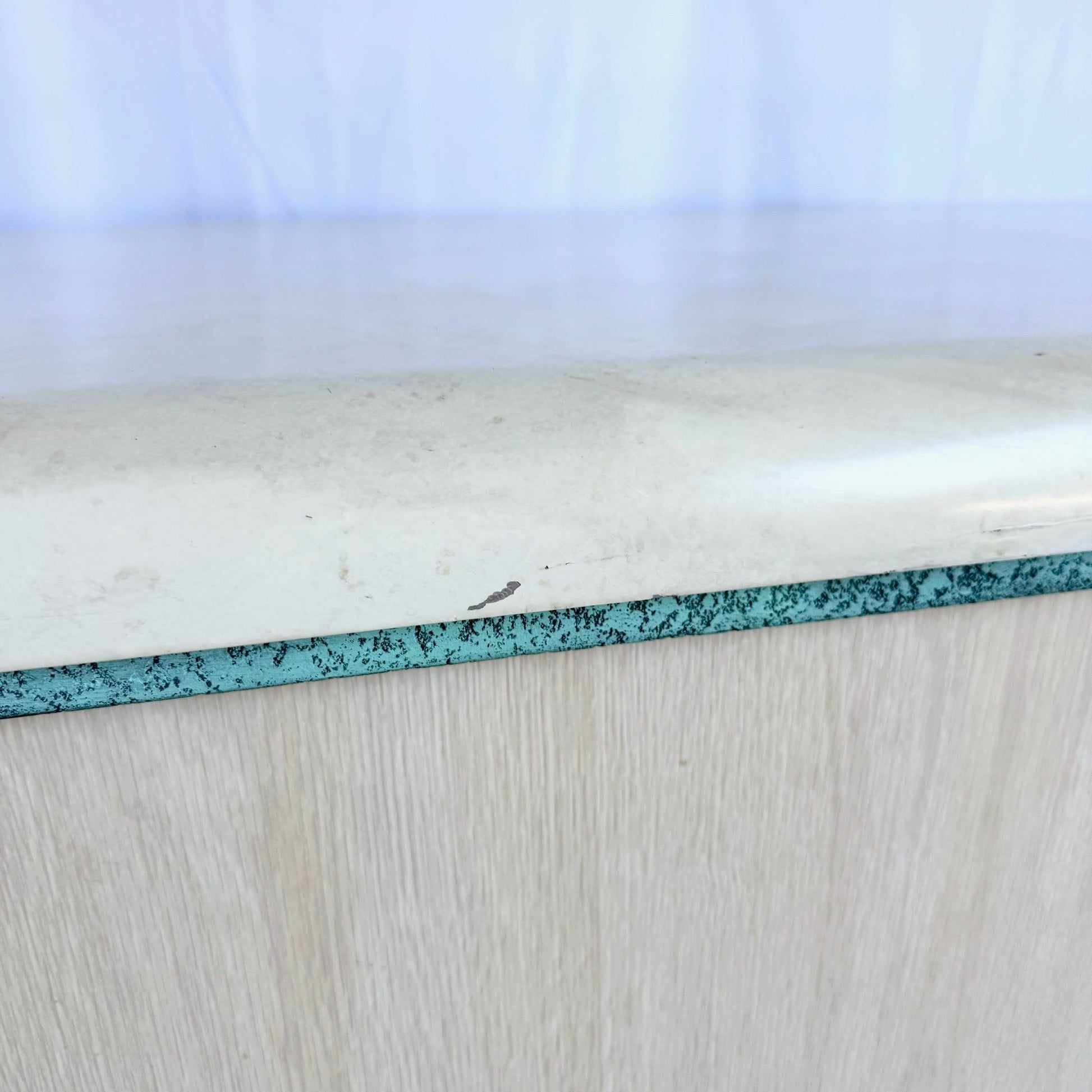 Postmodern Beige Wood Grain Laminate Credenza With Tribal Turquoise Metal Accents - Dolphin & Flamingo