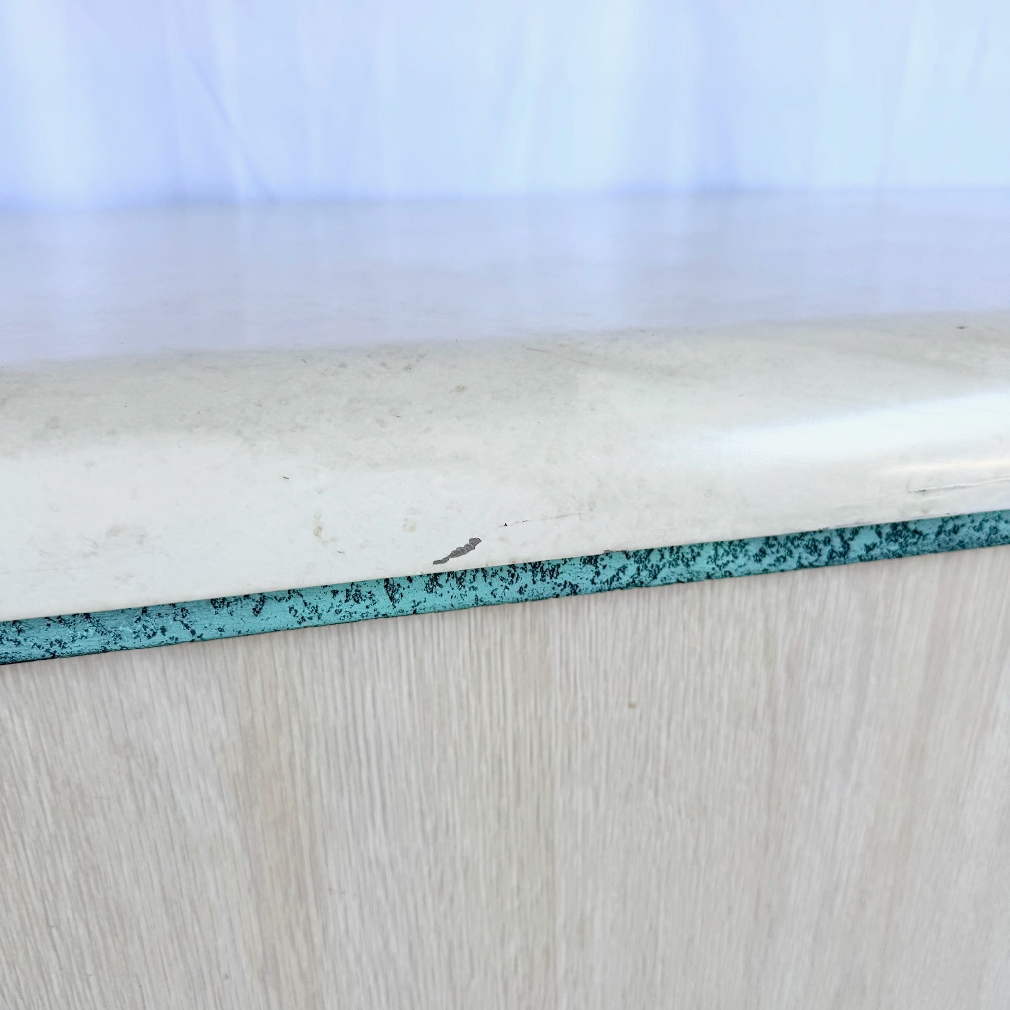 Postmodern Beige Wood Grain Laminate Credenza With Tribal Turquoise Metal Accents - Dolphin & Flamingo
