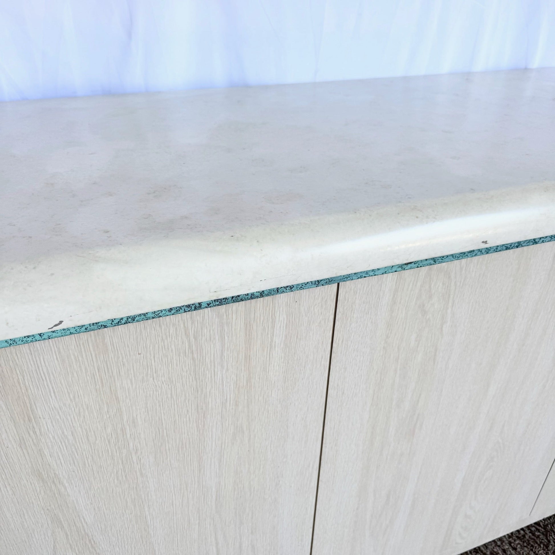 Postmodern Beige Wood Grain Laminate Credenza With Tribal Turquoise Metal Accents - Dolphin & Flamingo