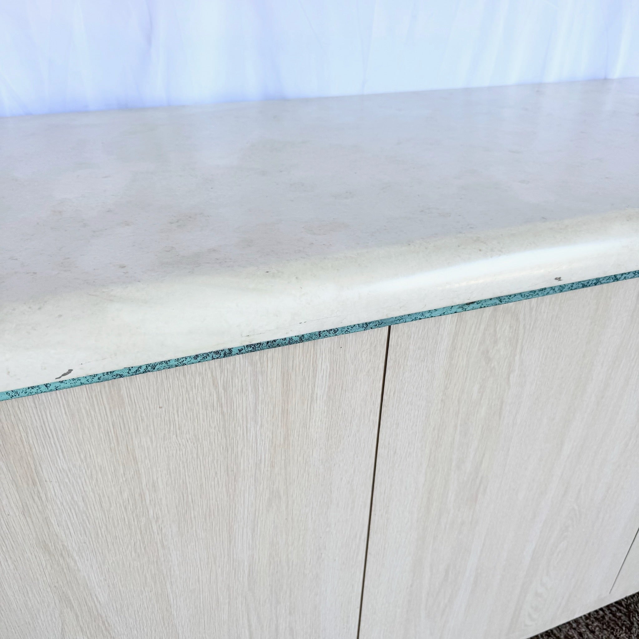 Postmodern Beige Wood Grain Laminate Credenza With Tribal Turquoise Metal Accents - Dolphin & Flamingo