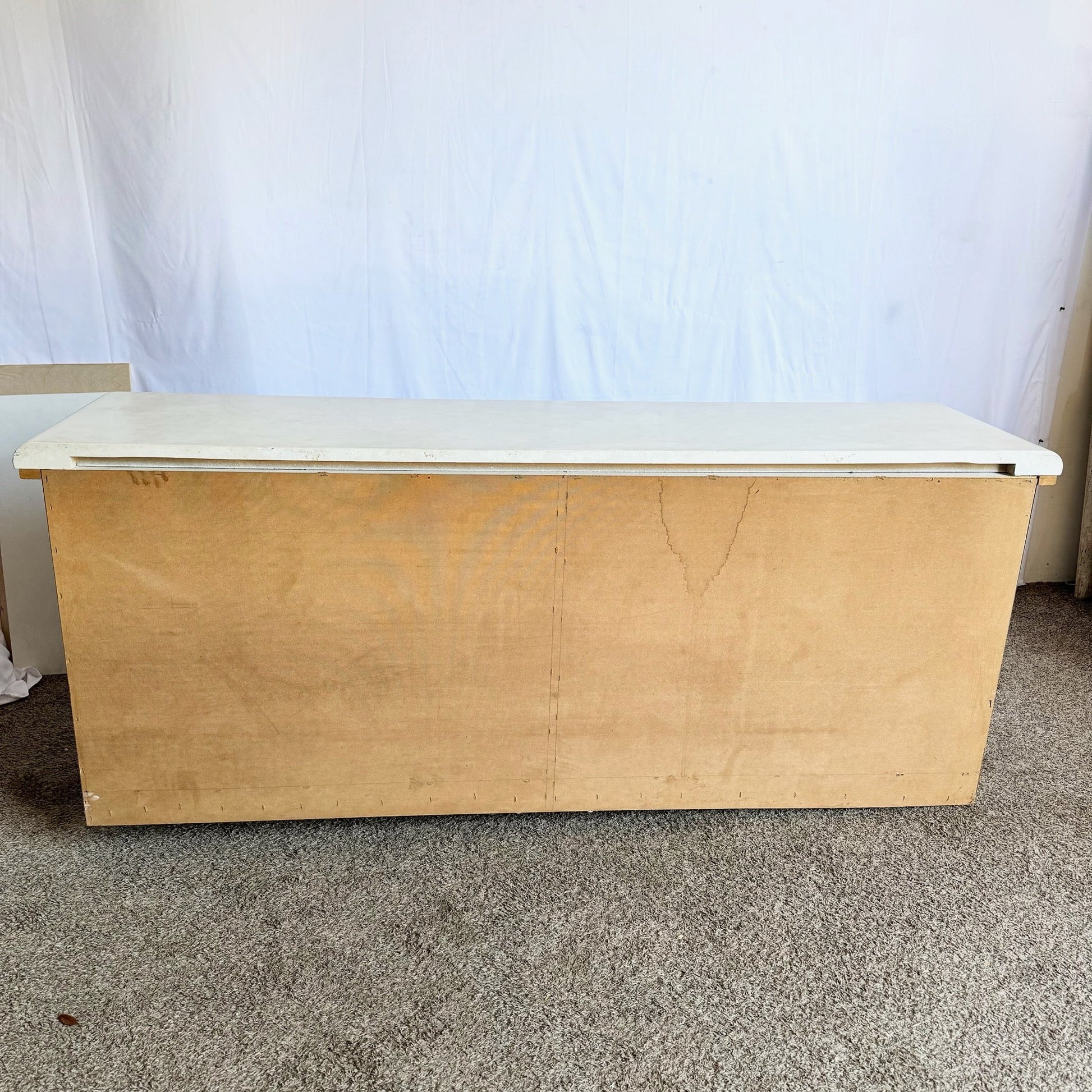 Postmodern Beige Wood Grain Laminate Credenza With Tribal Turquoise Metal Accents - Dolphin & Flamingo