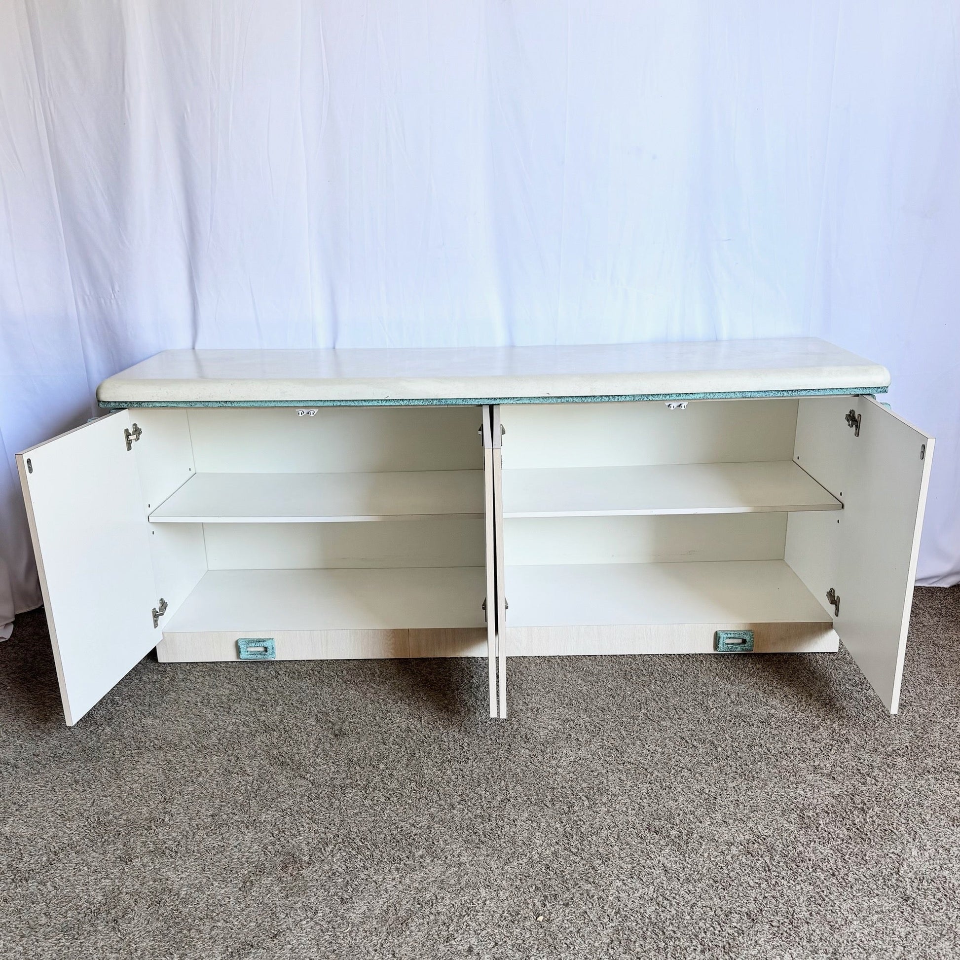 Postmodern Beige Wood Grain Laminate Credenza With Tribal Turquoise Metal Accents - Dolphin & Flamingo