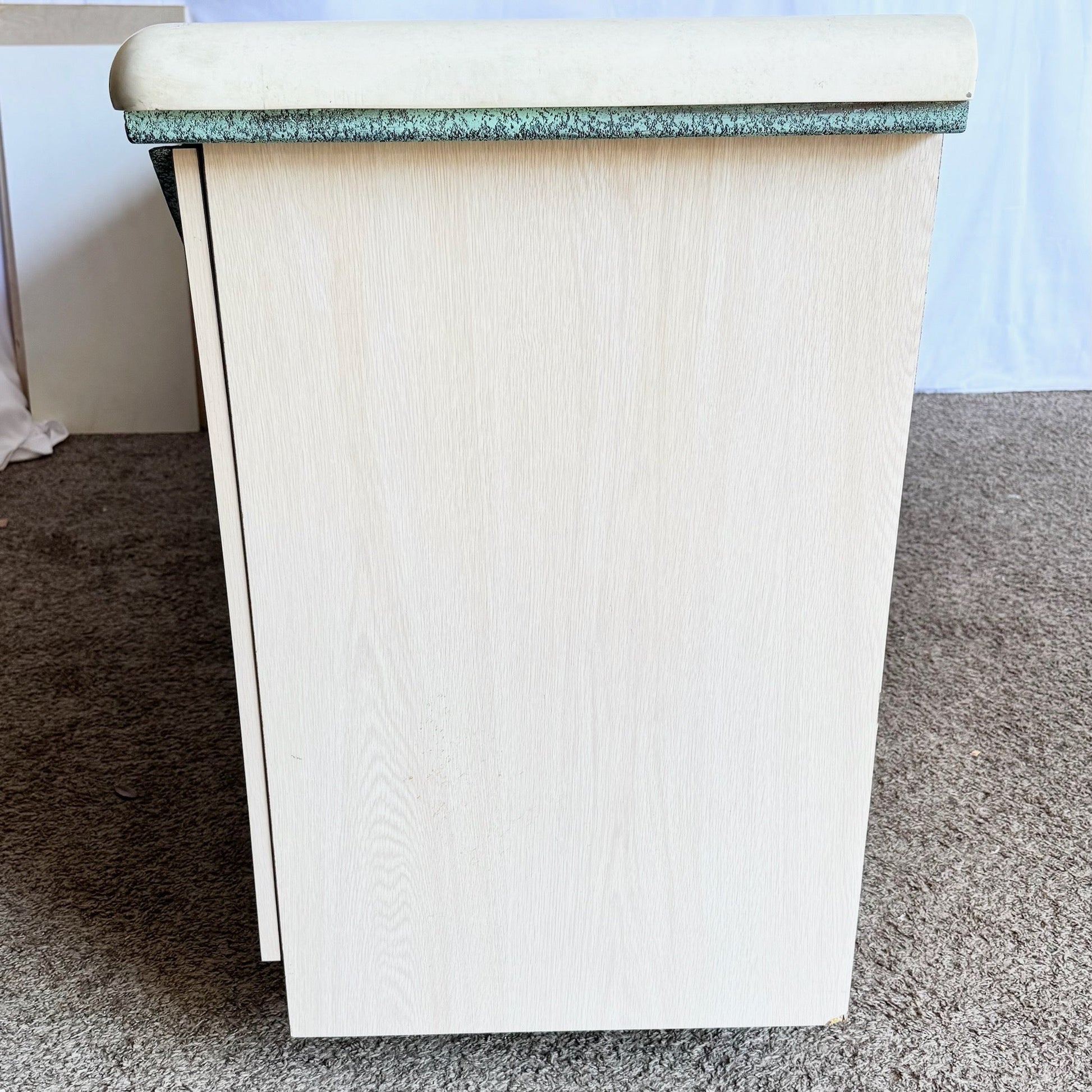 Postmodern Beige Wood Grain Laminate Credenza With Tribal Turquoise Metal Accents - Dolphin & Flamingo