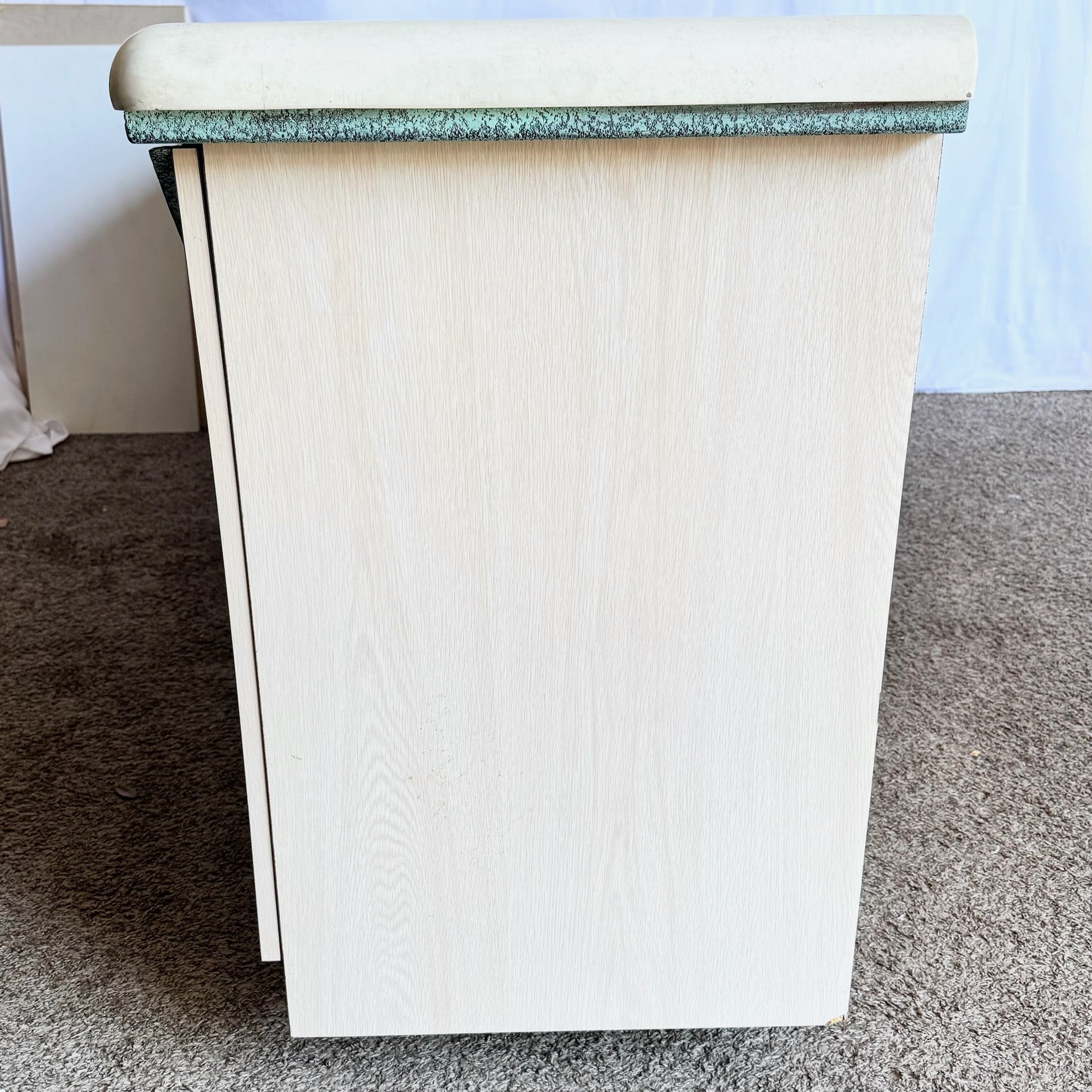 Postmodern Beige Wood Grain Laminate Credenza With Tribal Turquoise Metal Accents - Dolphin & Flamingo