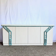 Postmodern Beige Wood Grain Laminate Credenza With Tribal Turquoise Metal Accents - Dolphin & Flamingo