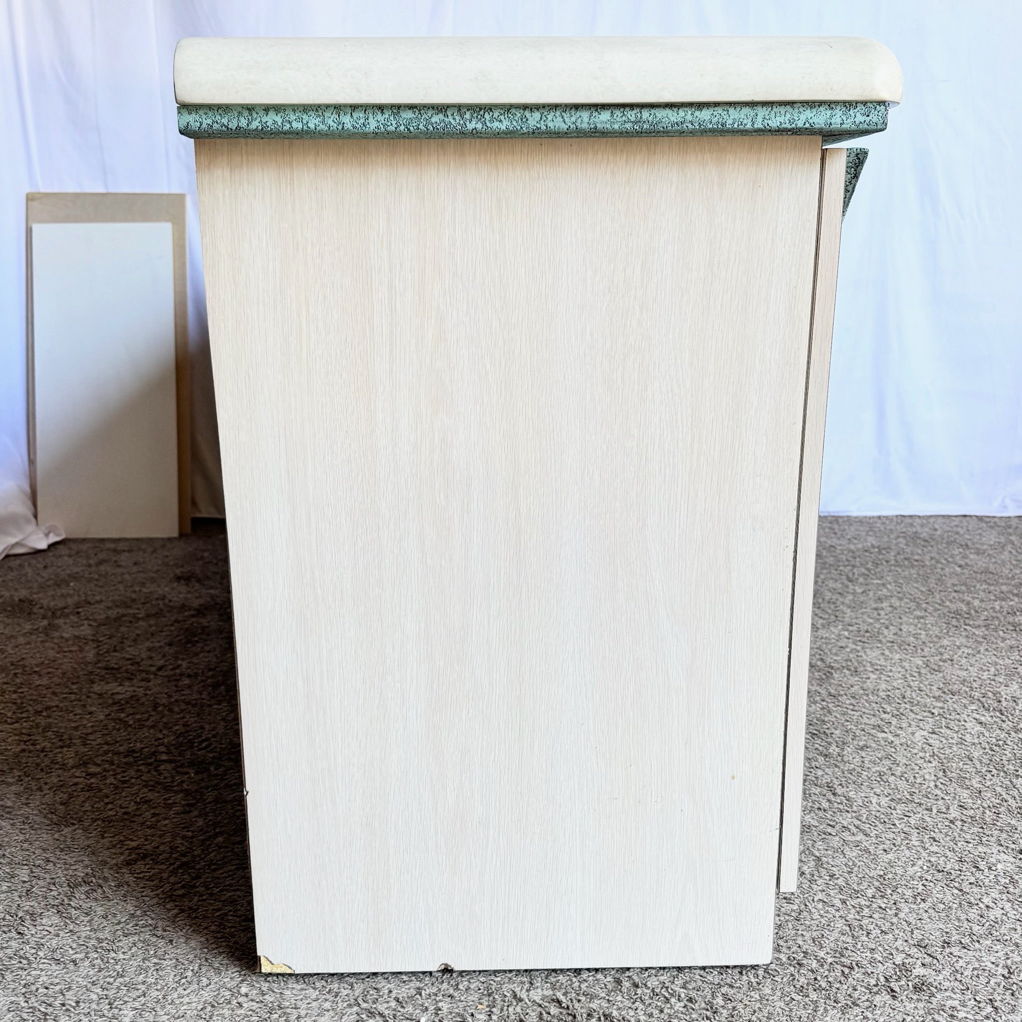 Postmodern Beige Wood Grain Laminate Credenza With Tribal Turquoise Metal Accents - Dolphin & Flamingo
