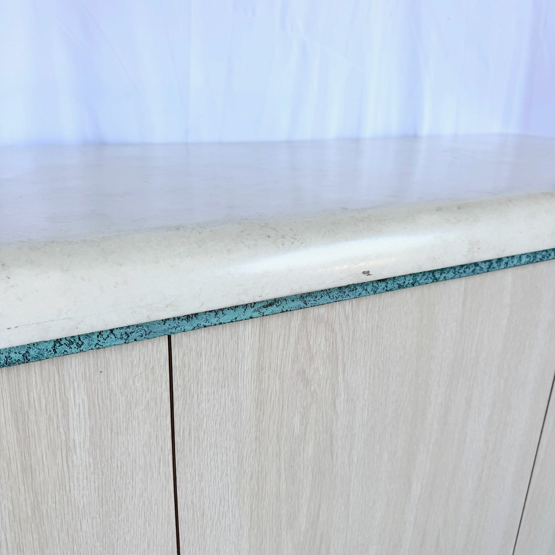 Postmodern Beige Wood Grain Laminate Credenza With Tribal Turquoise Metal Accents - Dolphin & Flamingo